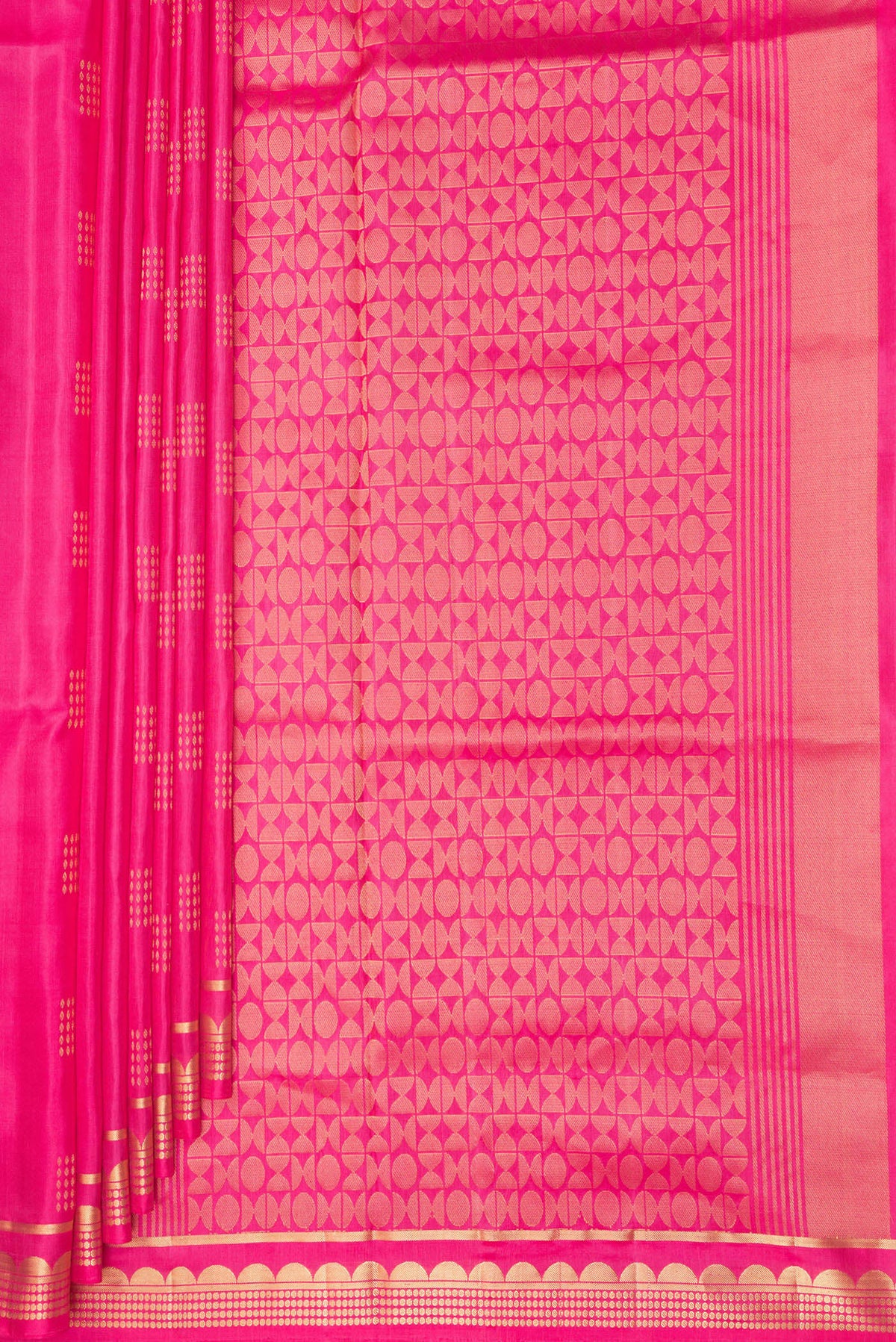 Pleats and pallu of Pure Silk Pink Soft Saree with Zari Butta on the body and Zari Border. 