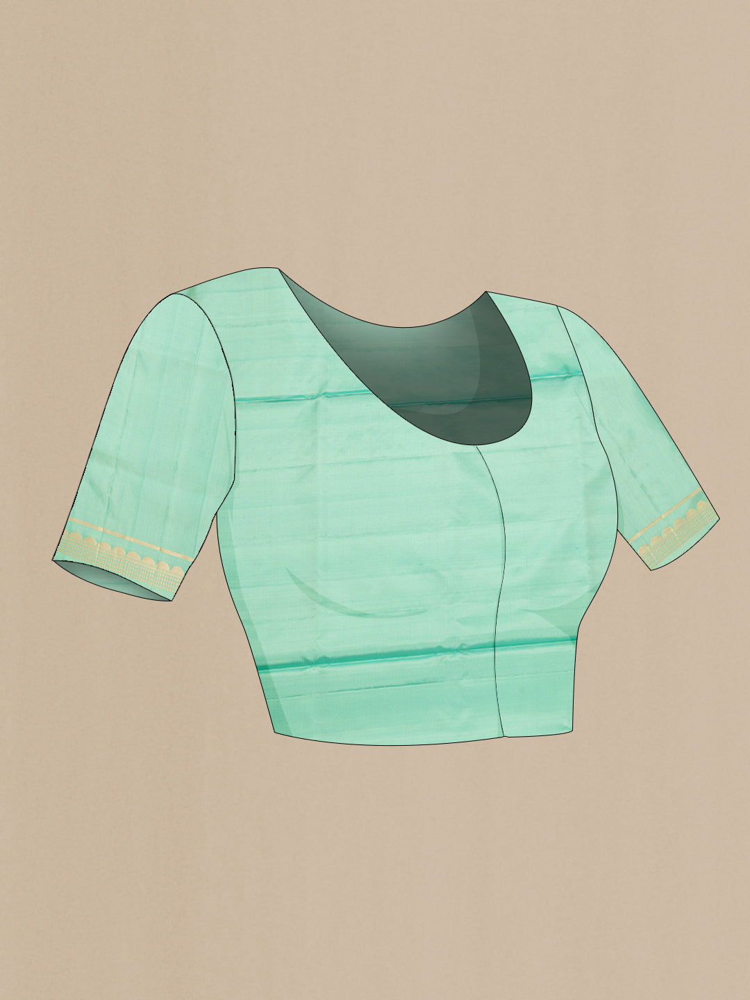 Close up image of the blouse of Pure Silk Pista Green Dual Tone Soft Saree with Zari Butta on the body and Zari Border. 