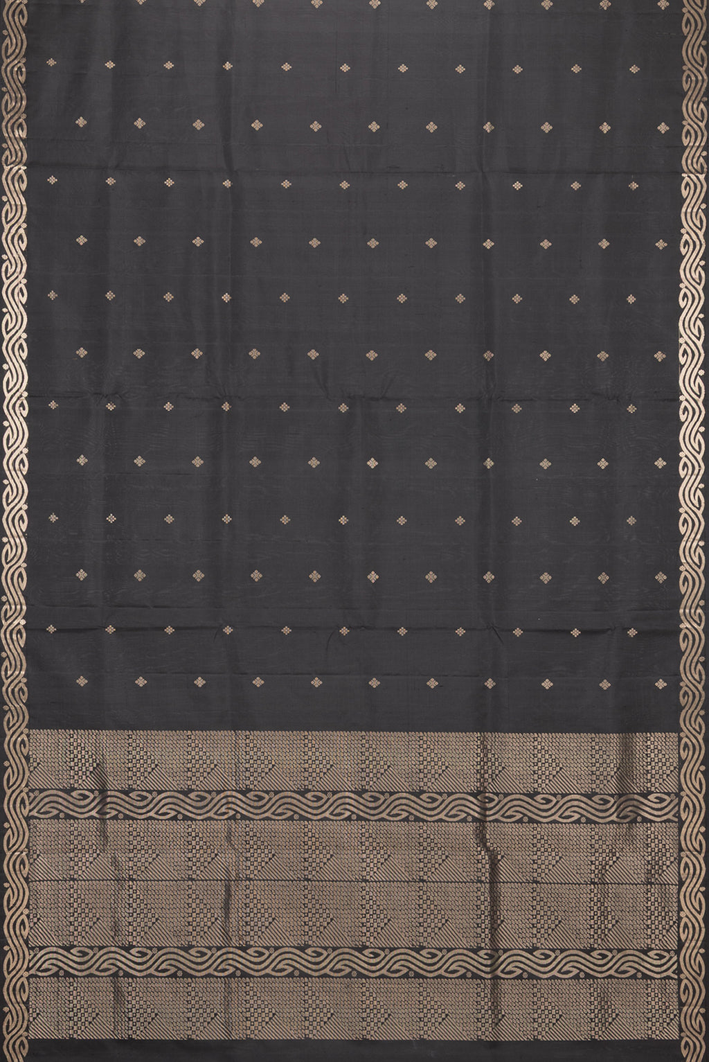 Flat view of Pure Silk Black Soft Saree with Zari Butta on the body and Zari Border. 