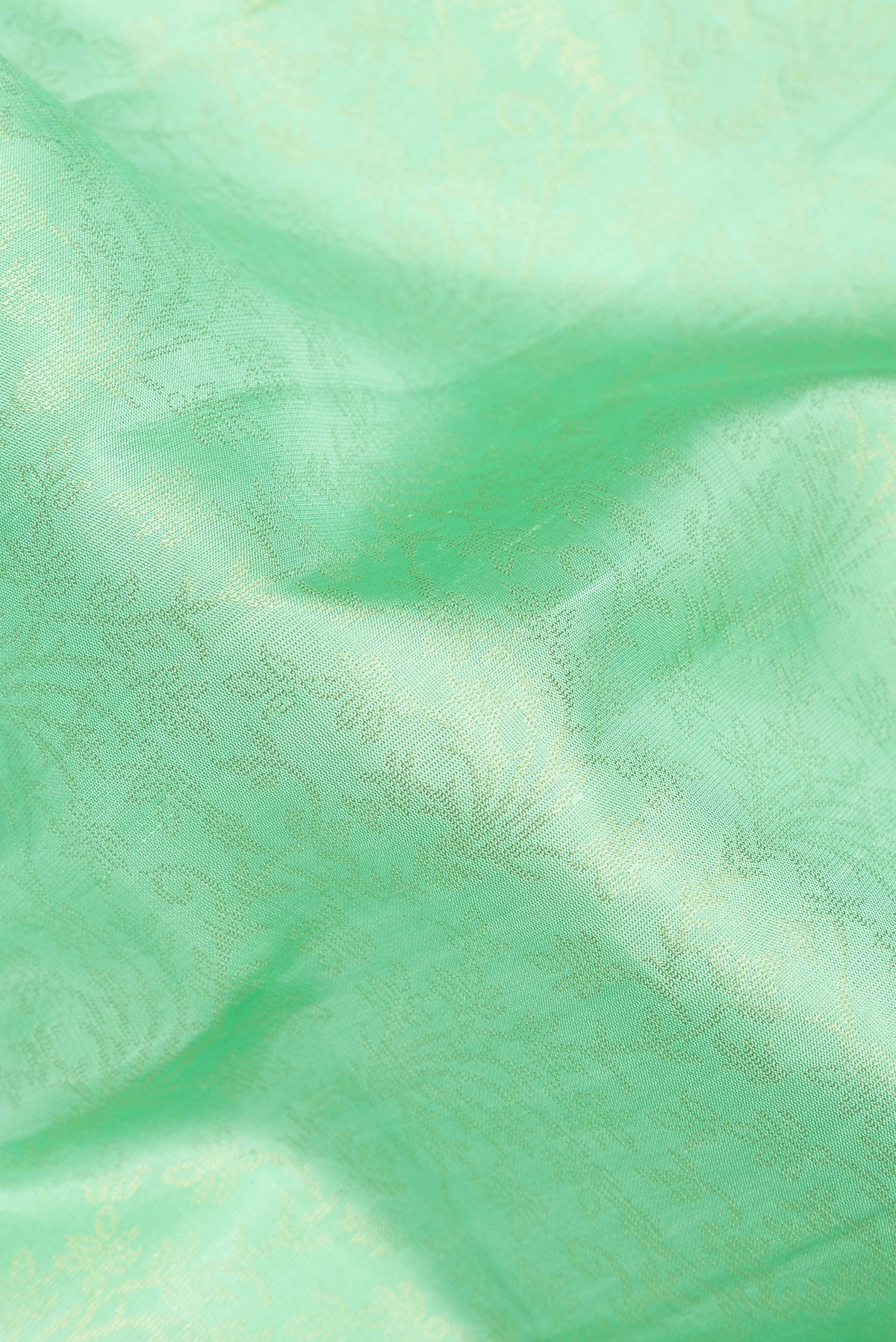 Close up of Pure Silk Mint Green Soft Saree with Zari Brocade on the body and Zari Border.  displaying folds
