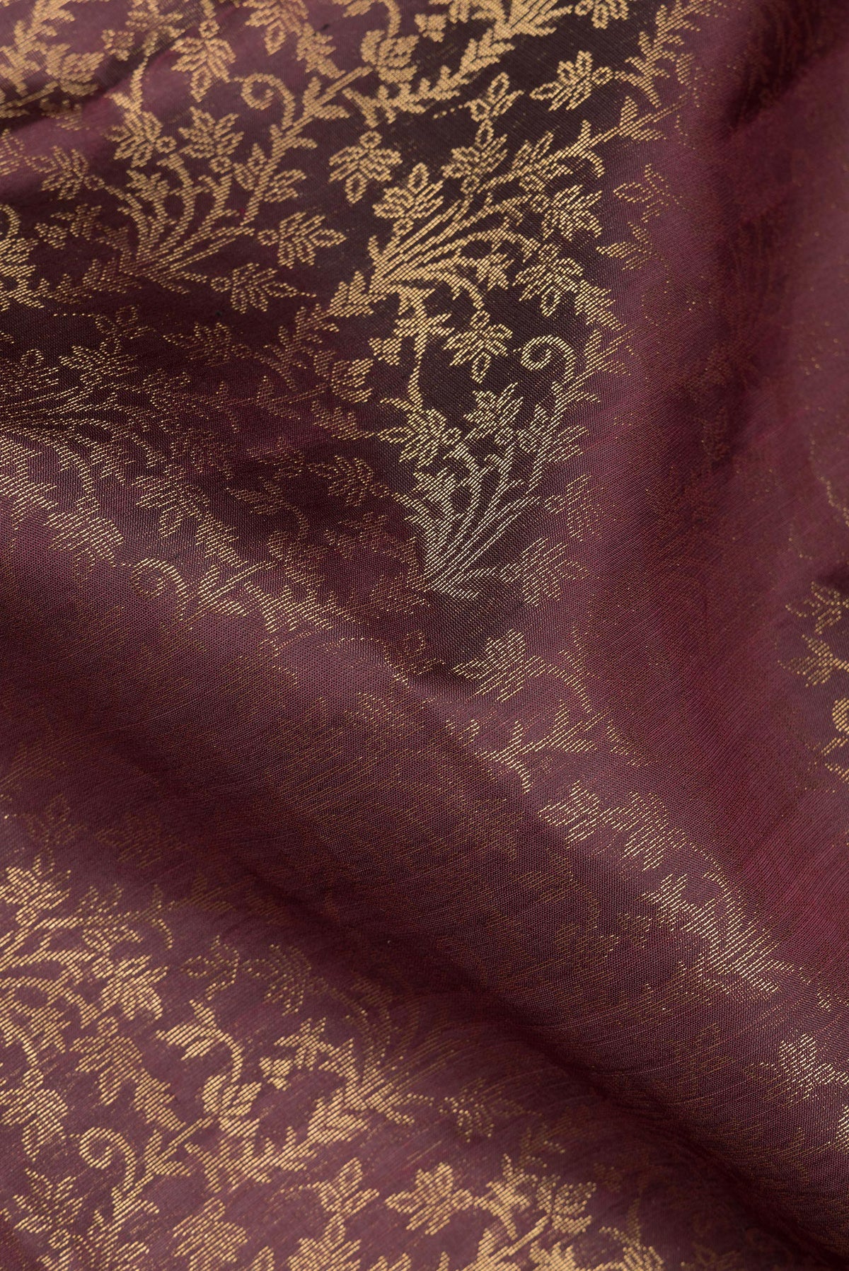 Close up of Pure Silk Coffee Brown Soft Saree with Zari Brocade on the body and Zari Border.  displaying folds