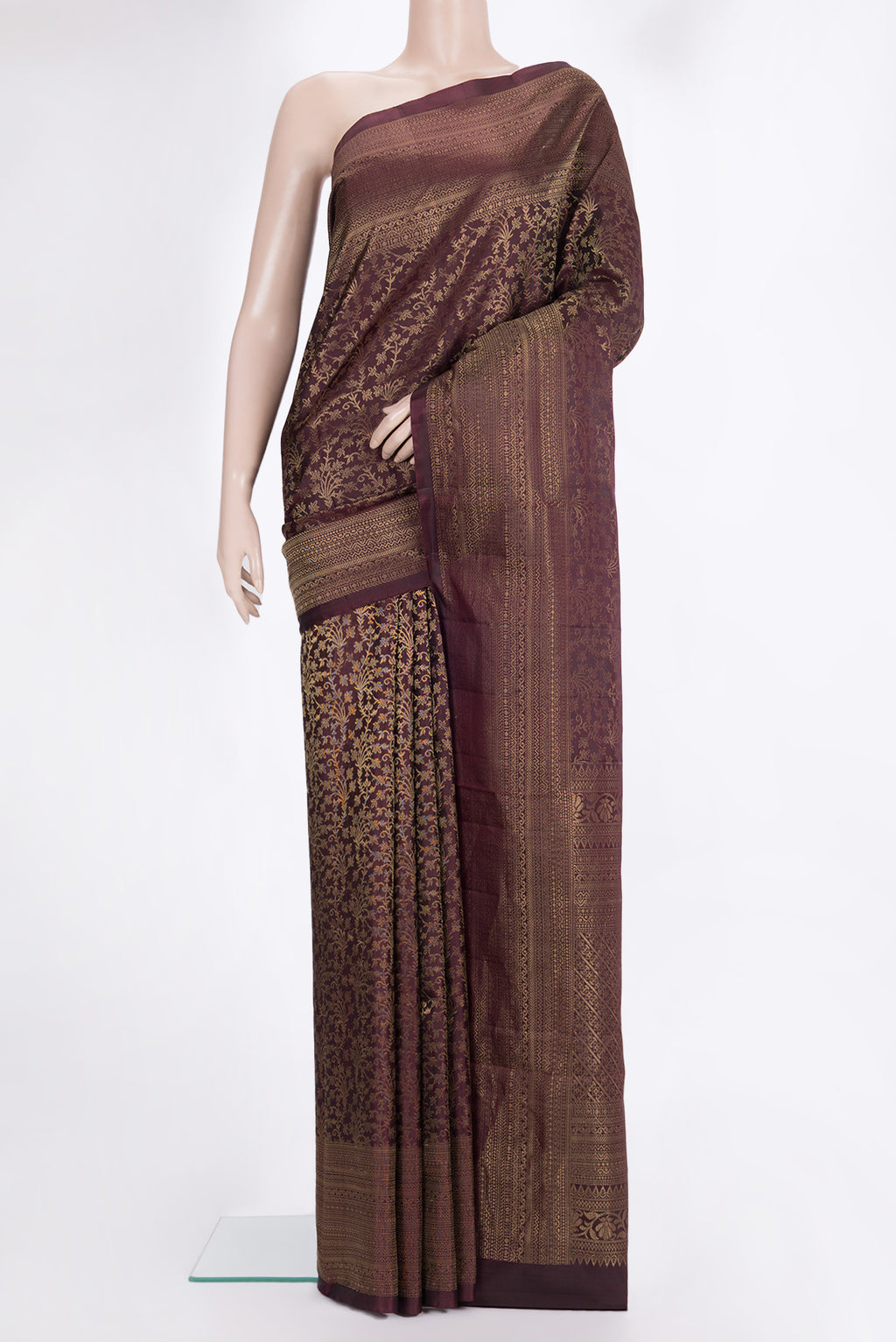Pure Silk Coffee Brown Soft Saree with Zari Brocade on the body and Zari Border.  displayed on a mannequin