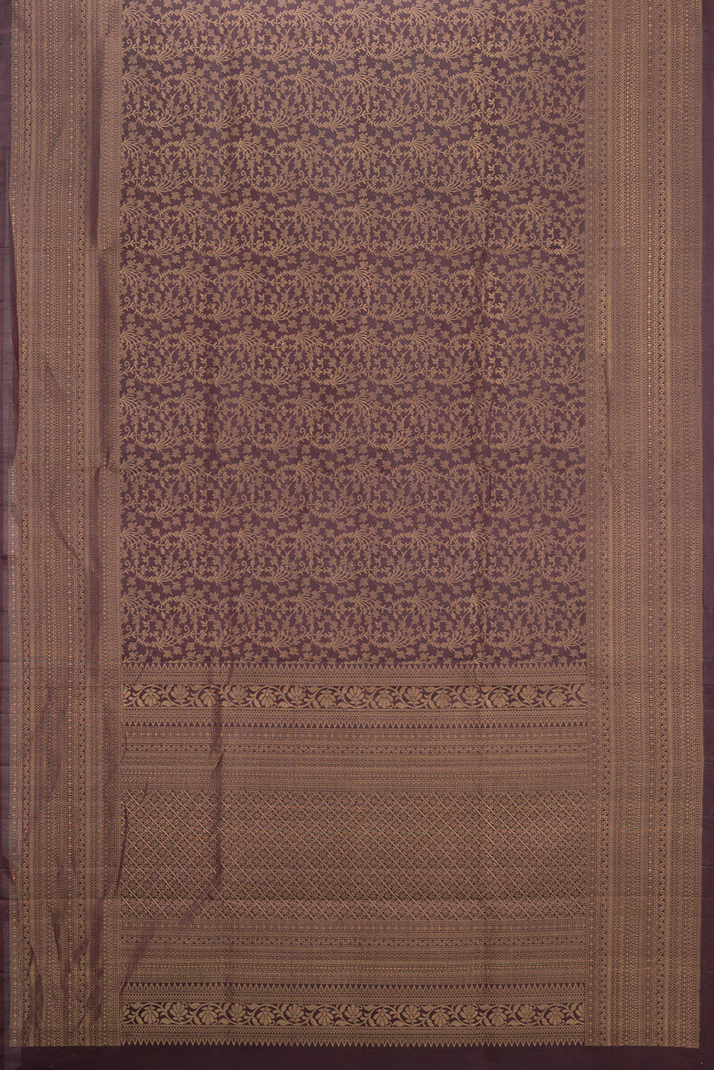 Flat view of Pure Silk Coffee Brown Soft Saree with Zari Brocade on the body and Zari Border. 