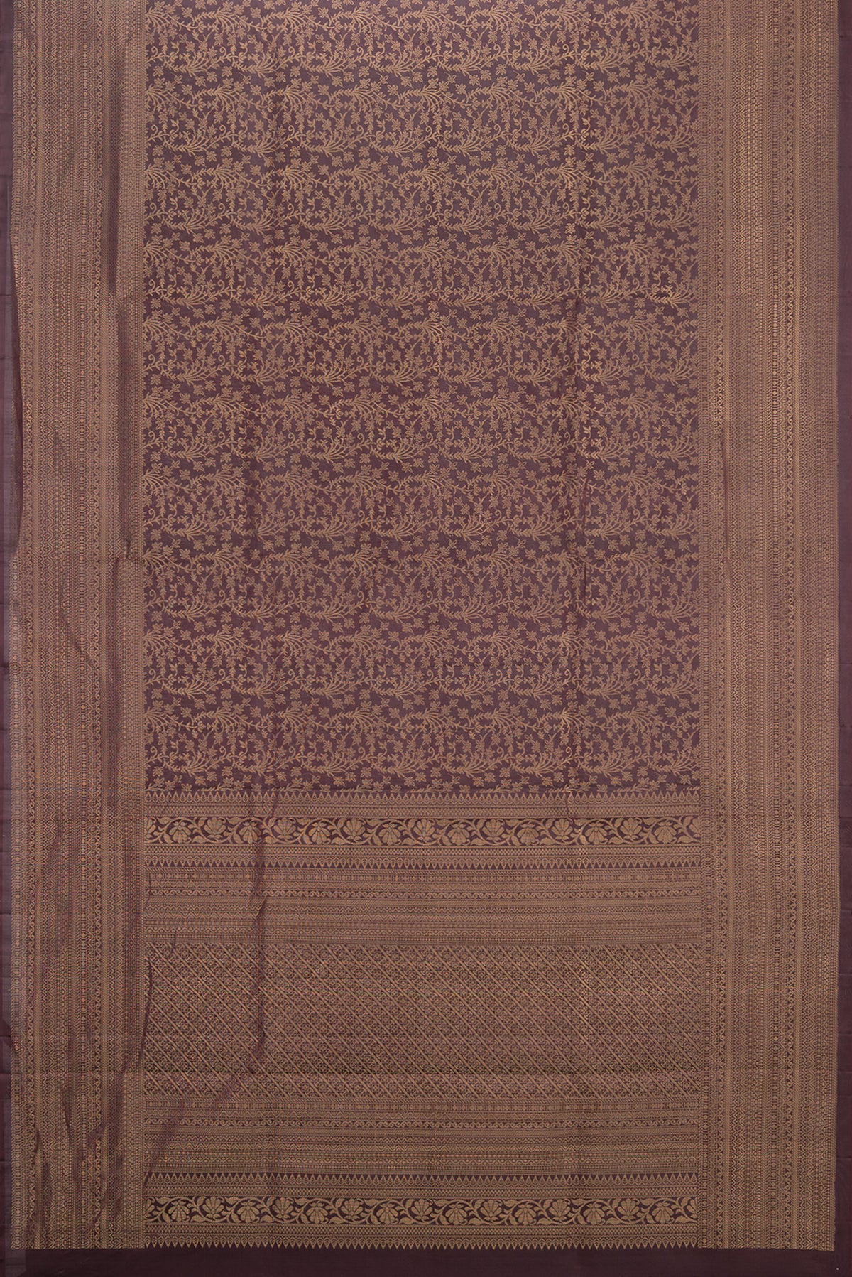 Flat view of Pure Silk Coffee Brown Soft Saree with Zari Brocade on the body and Zari Border. 