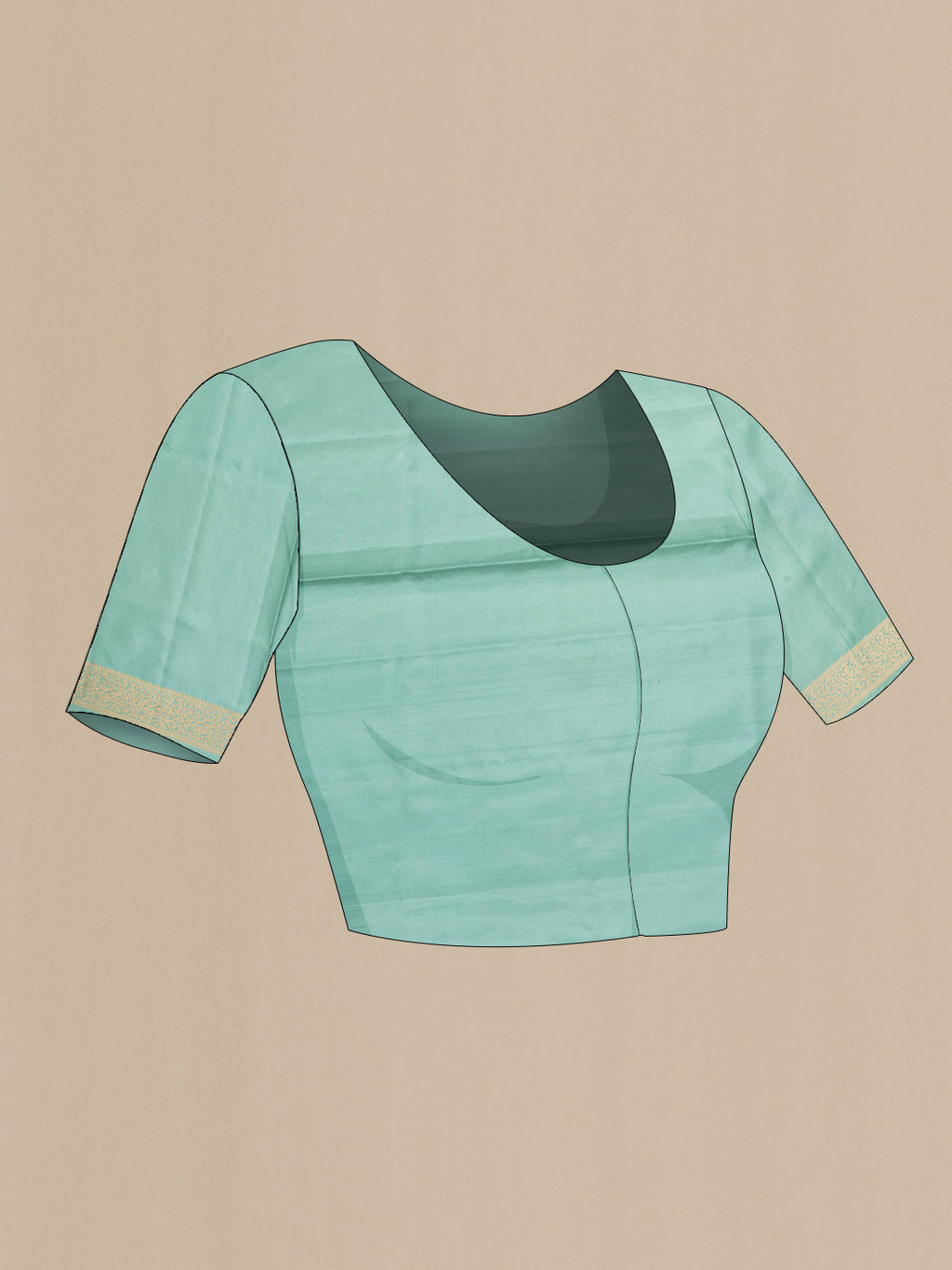Close up image of the blouse of Pure Silk Sea Green Soft Saree with Zari Butta on the body and Zari Border. 
