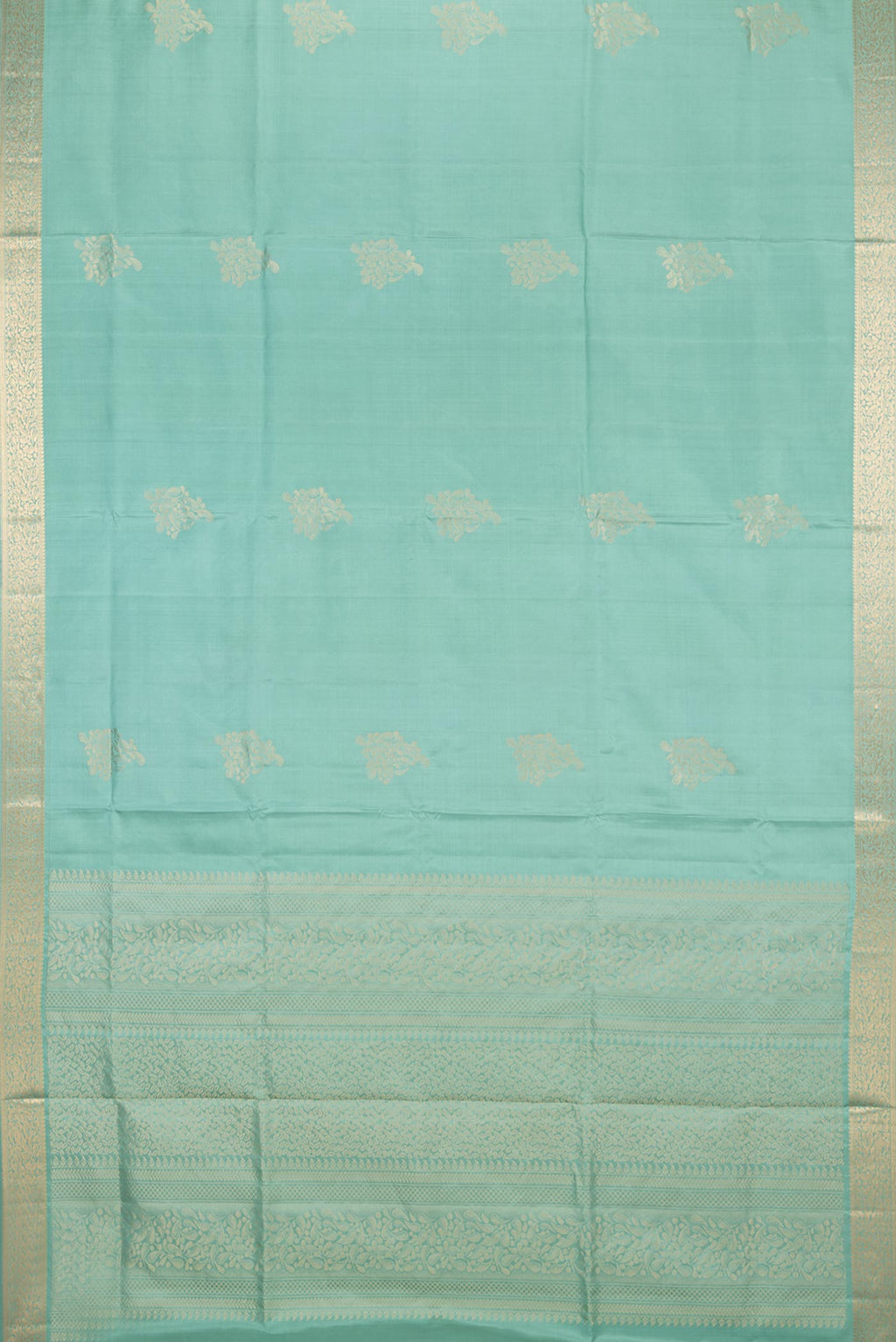 Flat view of Pure Silk Sea Green Soft Saree with Zari Butta on the body and Zari Border. 