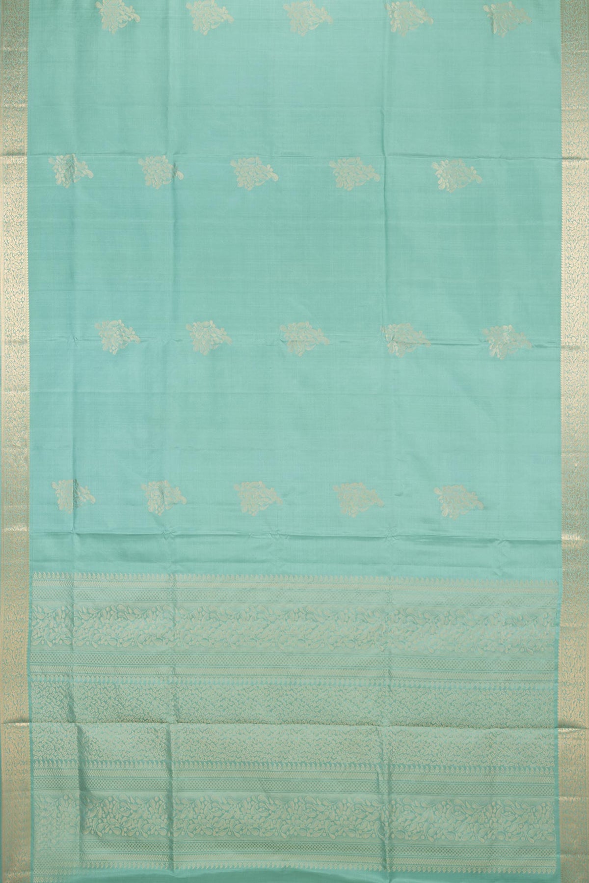 Flat view of Pure Silk Sea Green Soft Saree with Zari Butta on the body and Zari Border. 