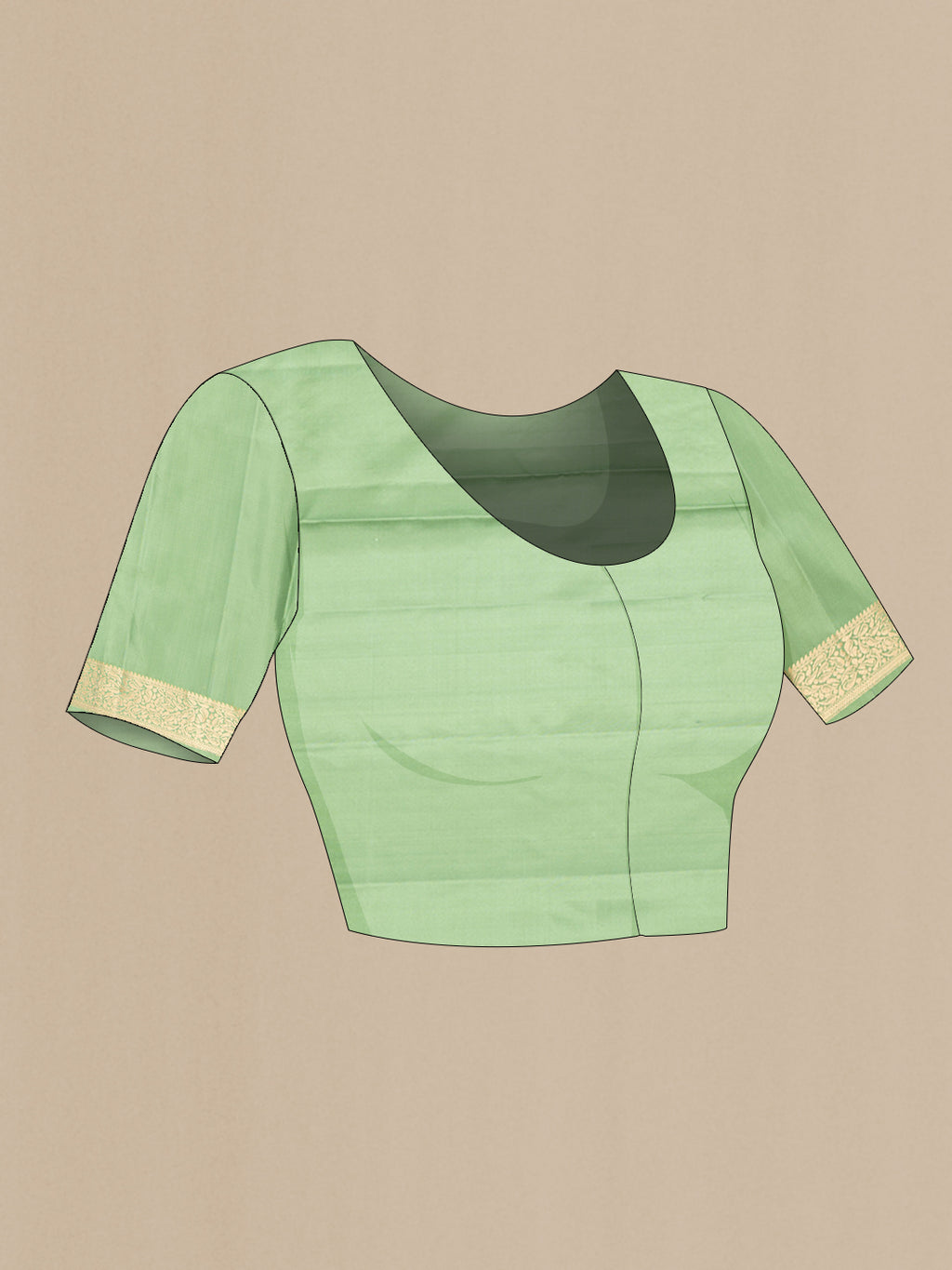 Close up image of the blouse of Pure Silk Pista Green Soft Saree with Zari Butta on the body and Zari Border. 