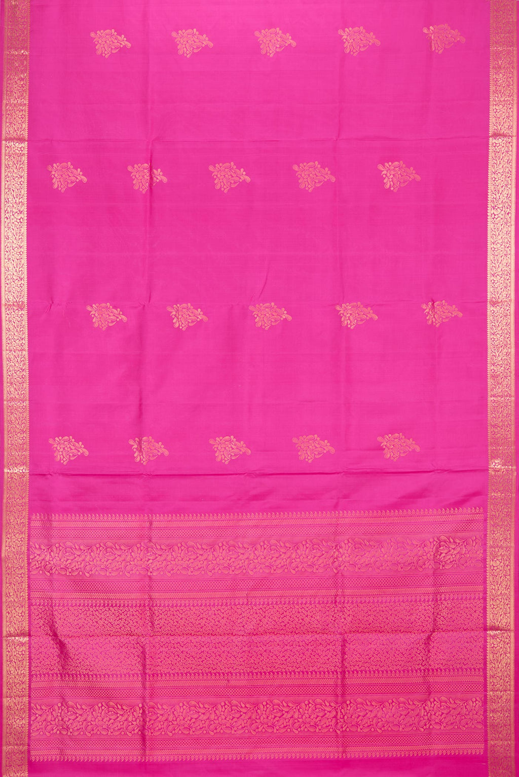 Flat view of Pure Silk Pink Soft Saree with Zari Butta on the body and Zari Border. 