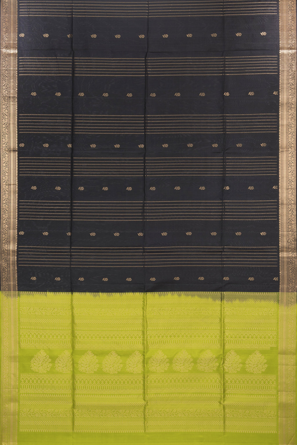 Flat view of Pure Silk Black Soft Saree with Zari Butta on the body and Zari Border. 