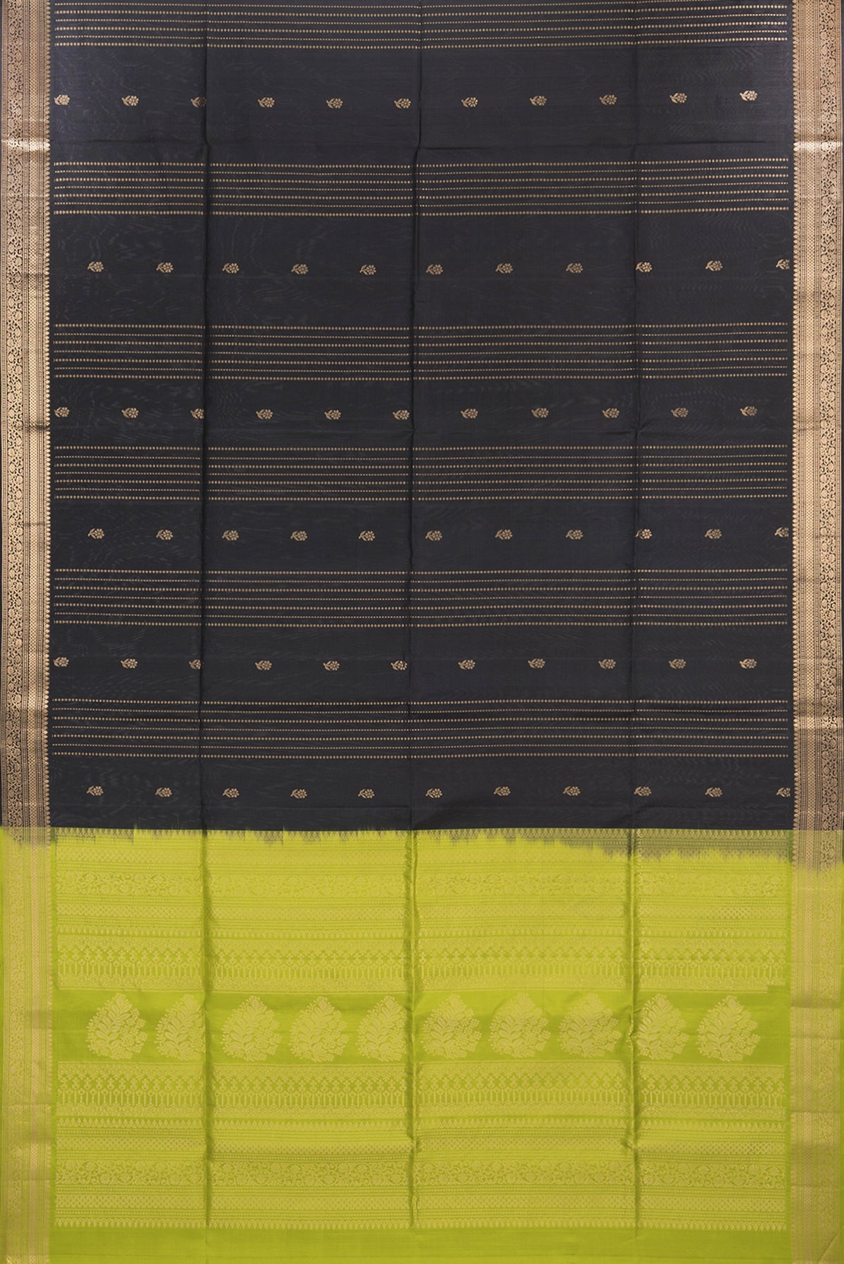 Flat view of Pure Silk Black Soft Saree with Zari Butta on the body and Zari Border. 