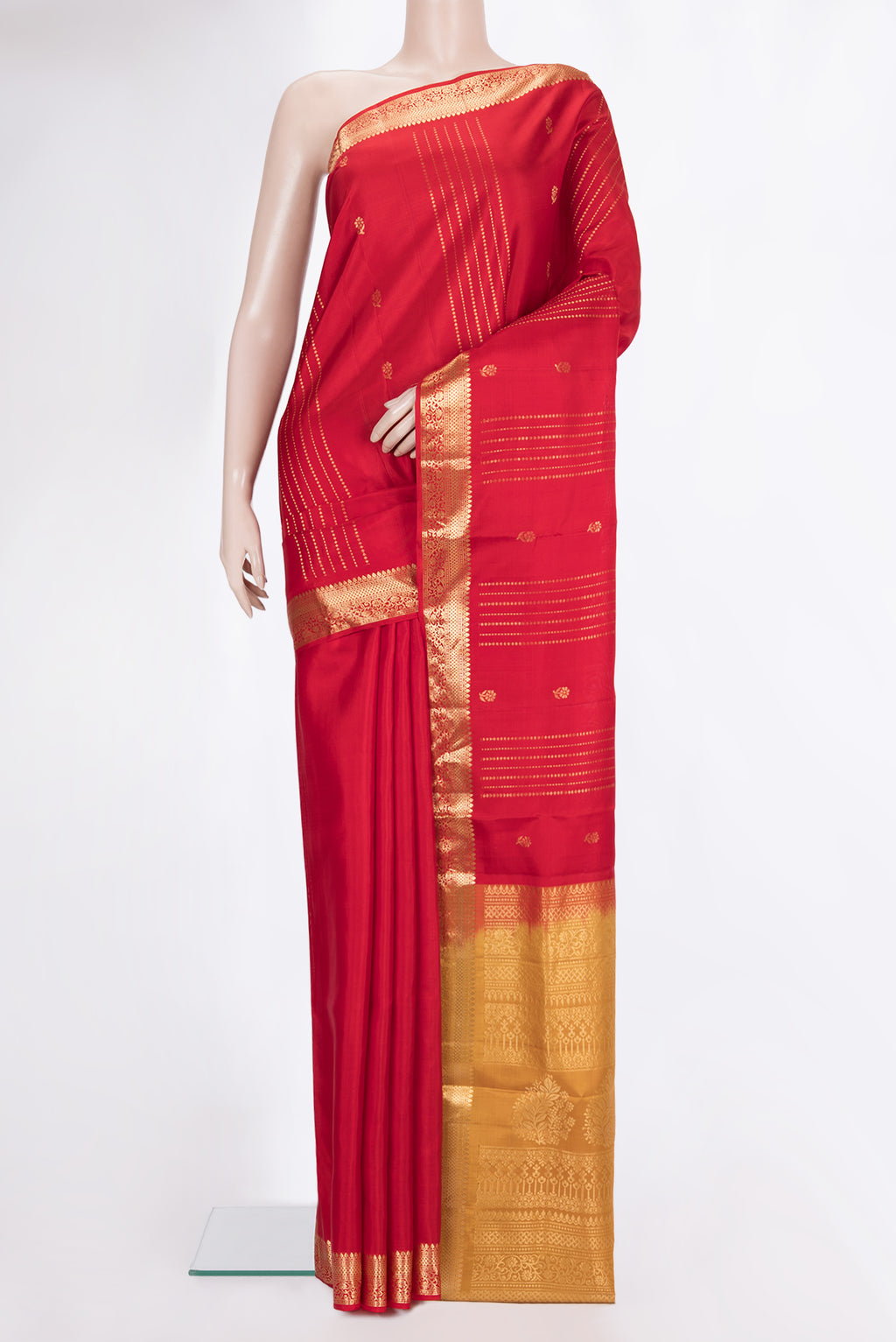 Pure Silk Red Dual Tone Soft Saree with Zari Butta on the body and Zari Border.  displayed on a mannequin