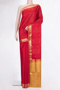 Pure Silk Red Dual Tone Soft Saree with Zari Butta on the body and Zari Border.  displayed on a mannequin