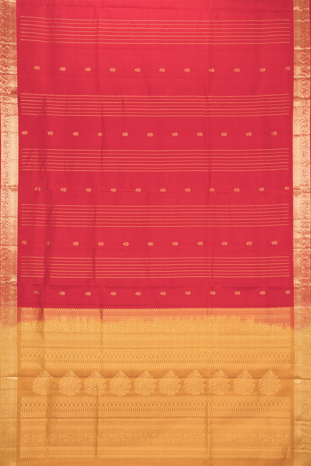 Flat view of Pure Silk Red Dual Tone Soft Saree with Zari Butta on the body and Zari Border. 
