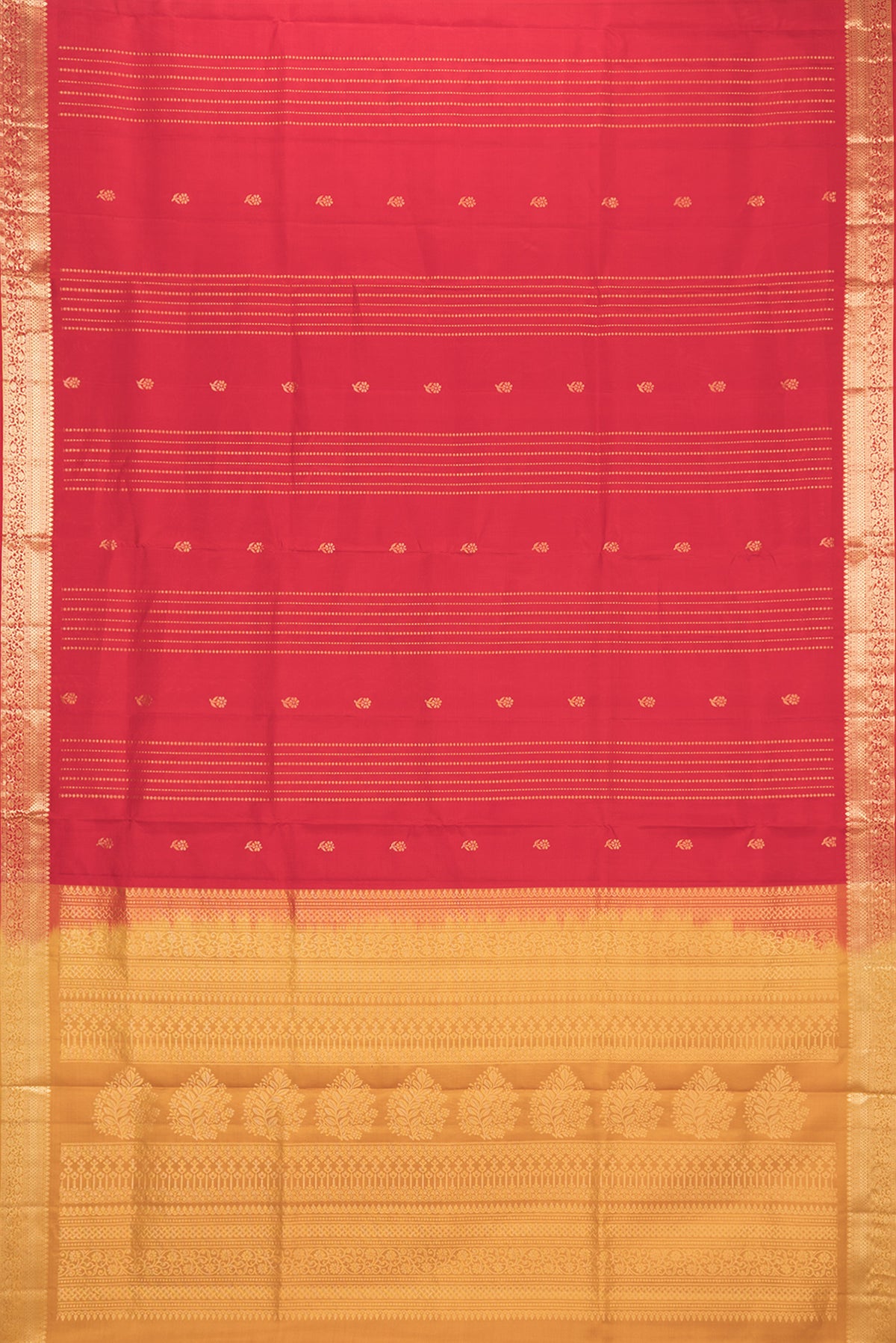 Flat view of Pure Silk Red Dual Tone Soft Saree with Zari Butta on the body and Zari Border. 