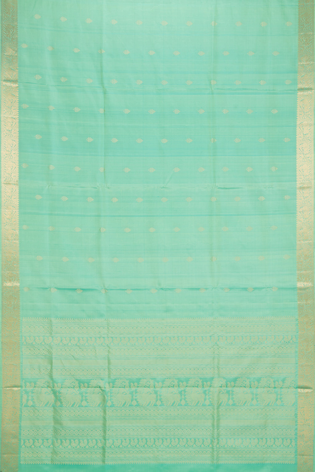 Flat view of Pure Silk Sea Green Dual Tone Soft Saree with Zari Butta on the body and Zari Border. 