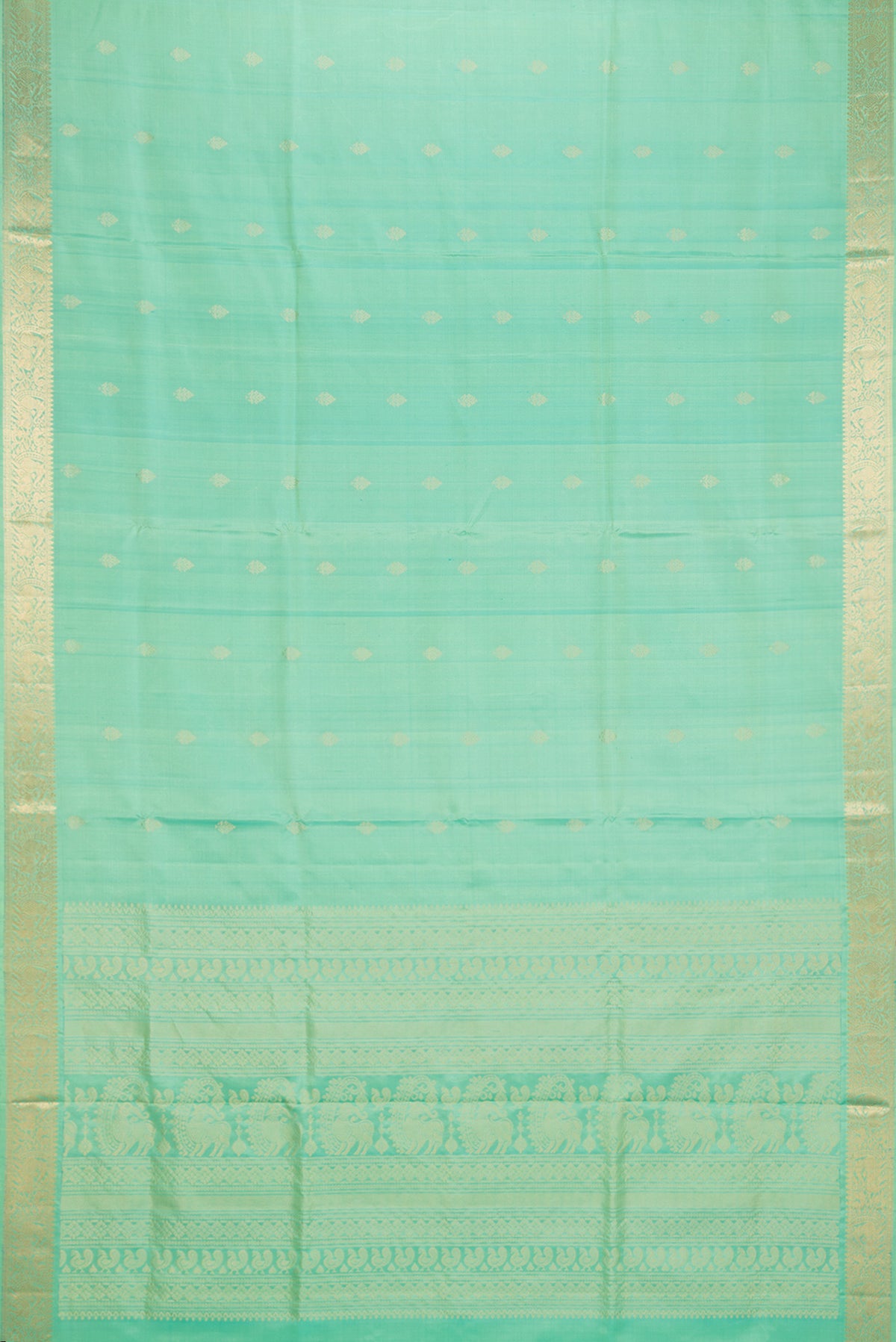 Flat view of Pure Silk Sea Green Dual Tone Soft Saree with Zari Butta on the body and Zari Border. 