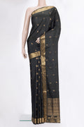 Pure Silk Black Soft Saree with Zari Butta on the body and Zari Border.  displayed on a mannequin