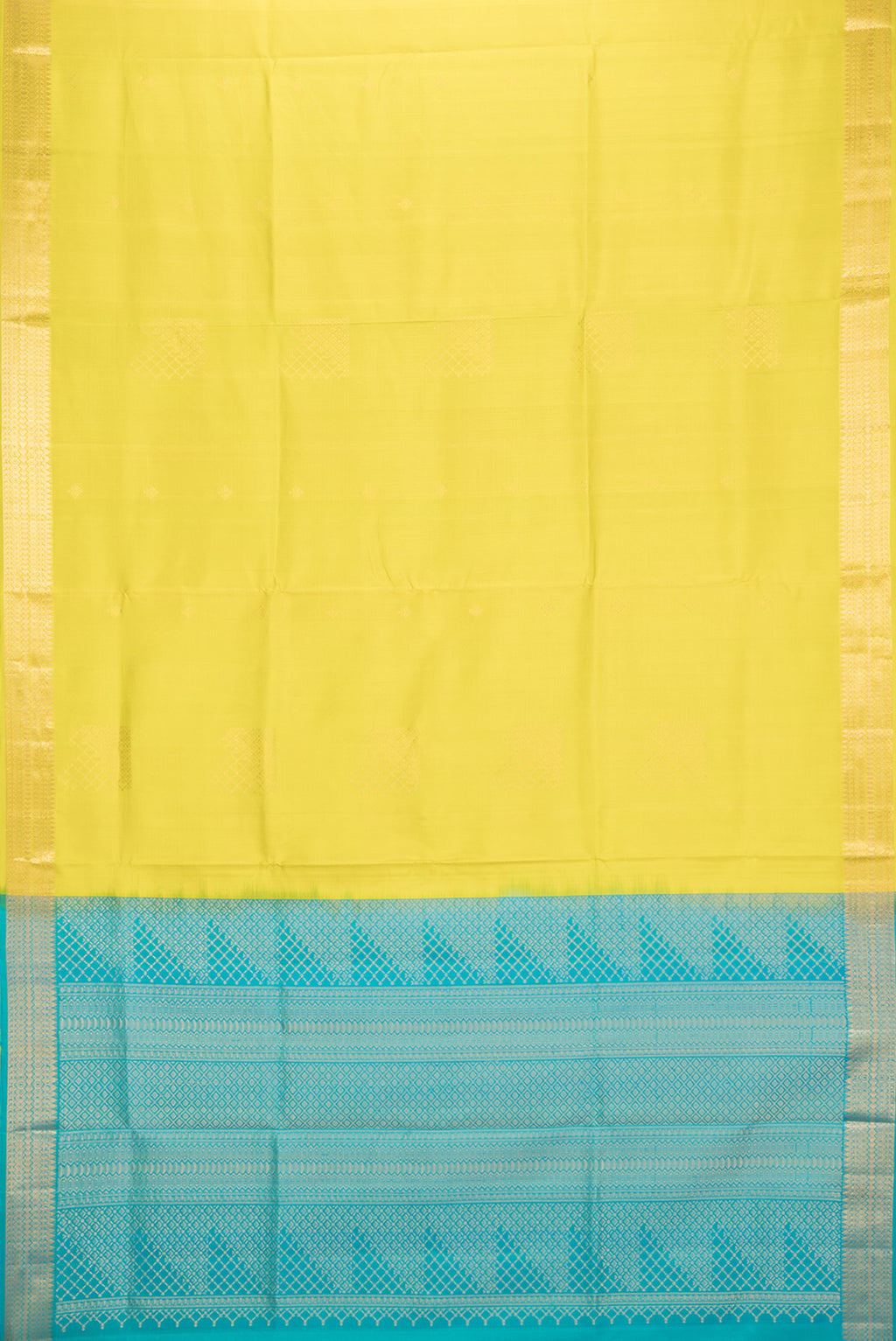 Flat view of Pure Silk Yellow Soft Saree with Zari Butta on the body and Zari Border. 