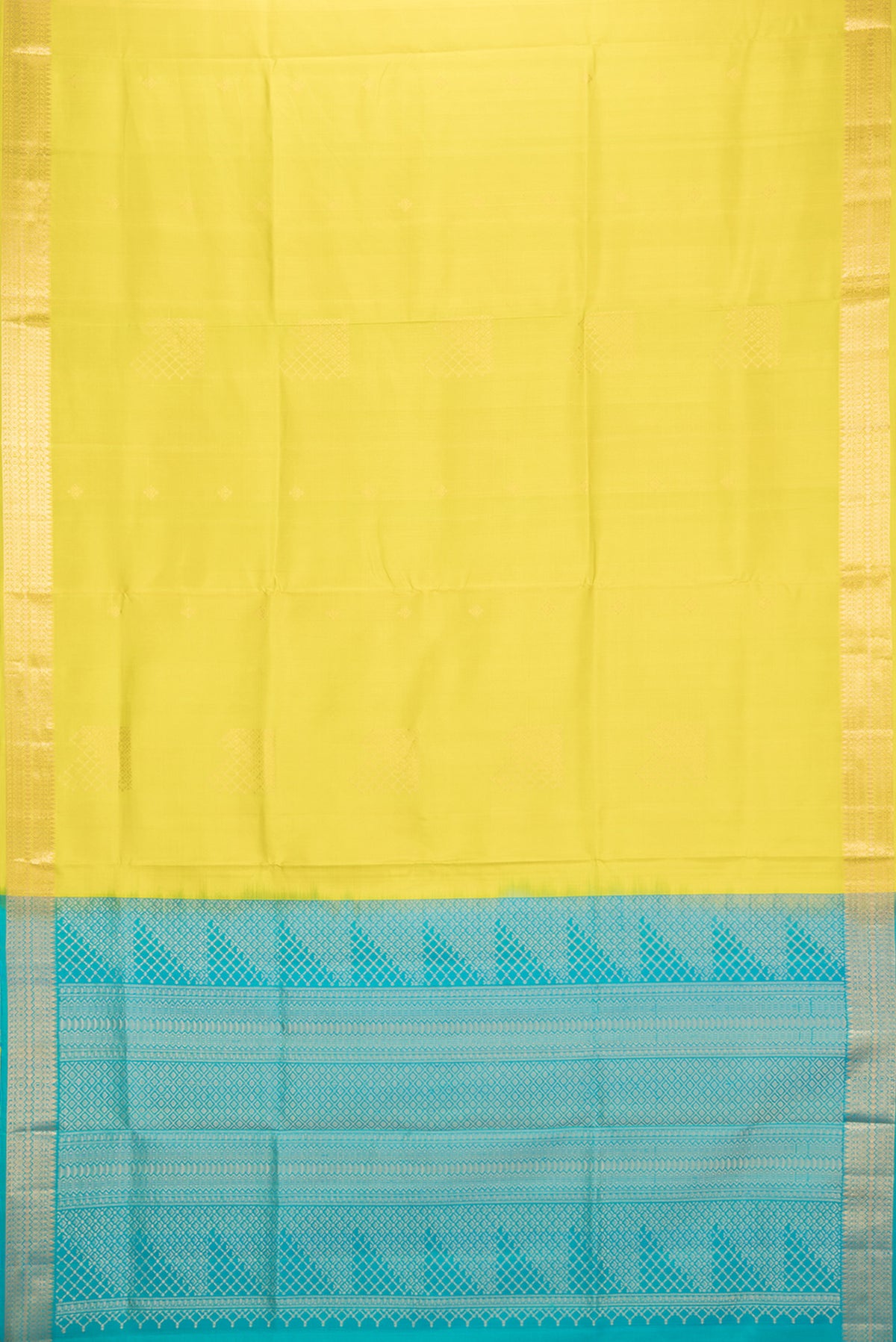 Flat view of Pure Silk Yellow Soft Saree with Zari Butta on the body and Zari Border. 