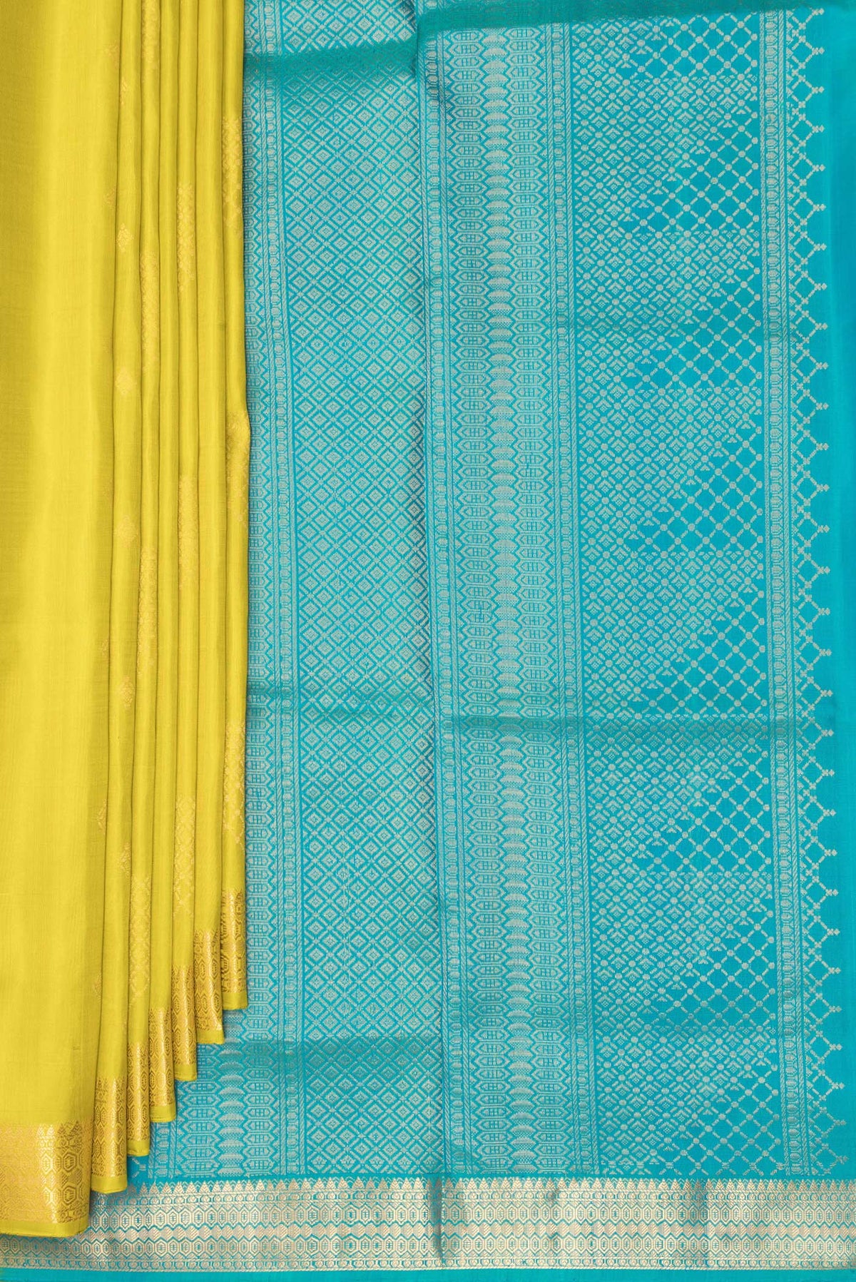Pleats and pallu of Pure Silk Yellow Soft Saree with Zari Butta on the body and Zari Border. 