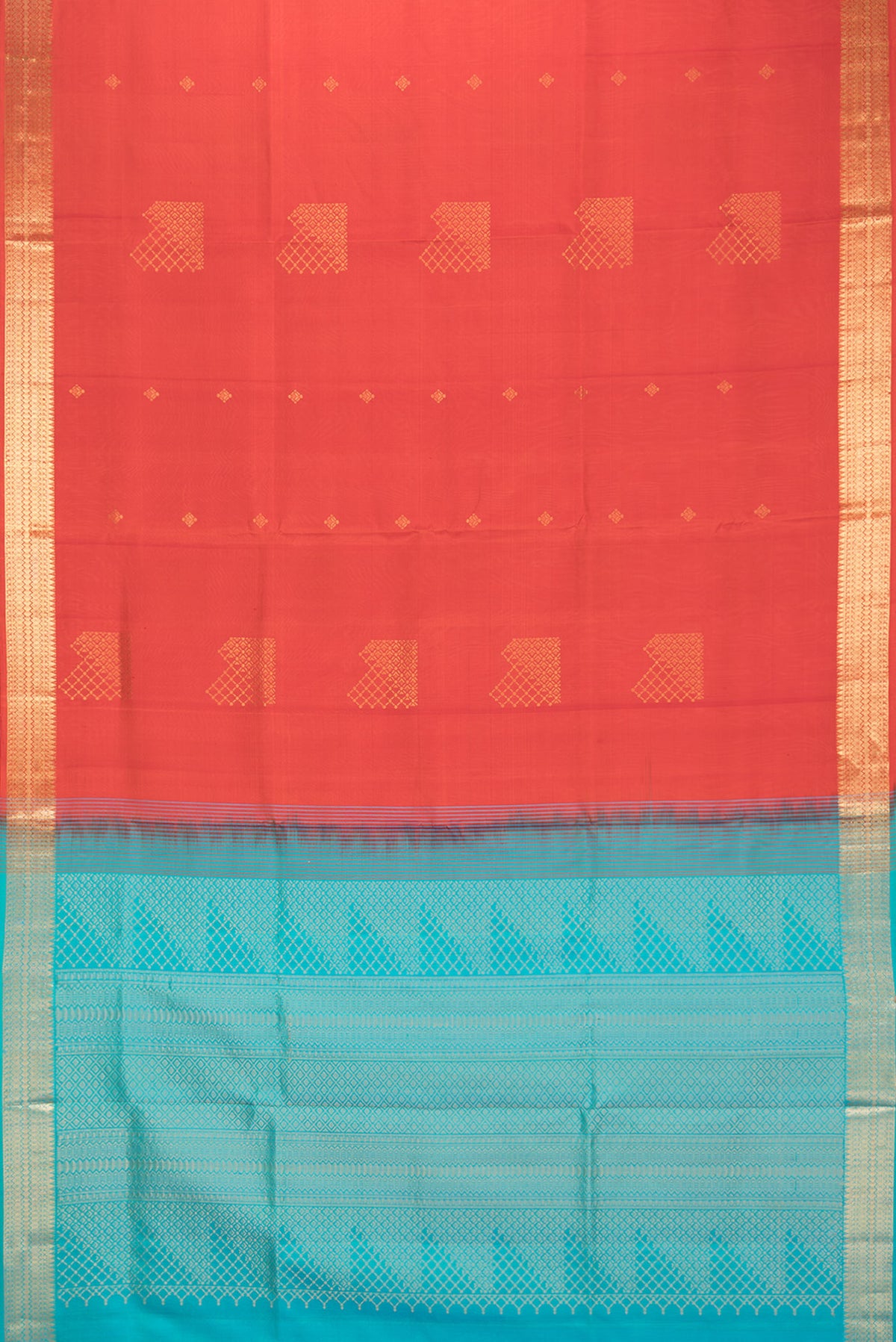 Flat view of Pure Silk Orange Dual Tone Soft Saree with Zari Butta on the body and Zari Border. 