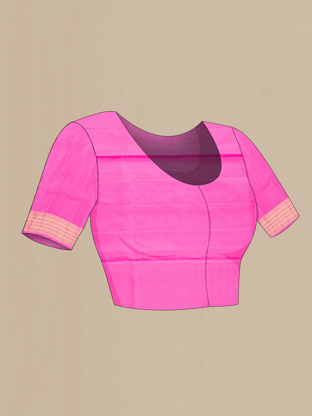 Close up image of the blouse of Pure Silk Pink Soft Saree with Zari Butta on the body and Zari Border. 