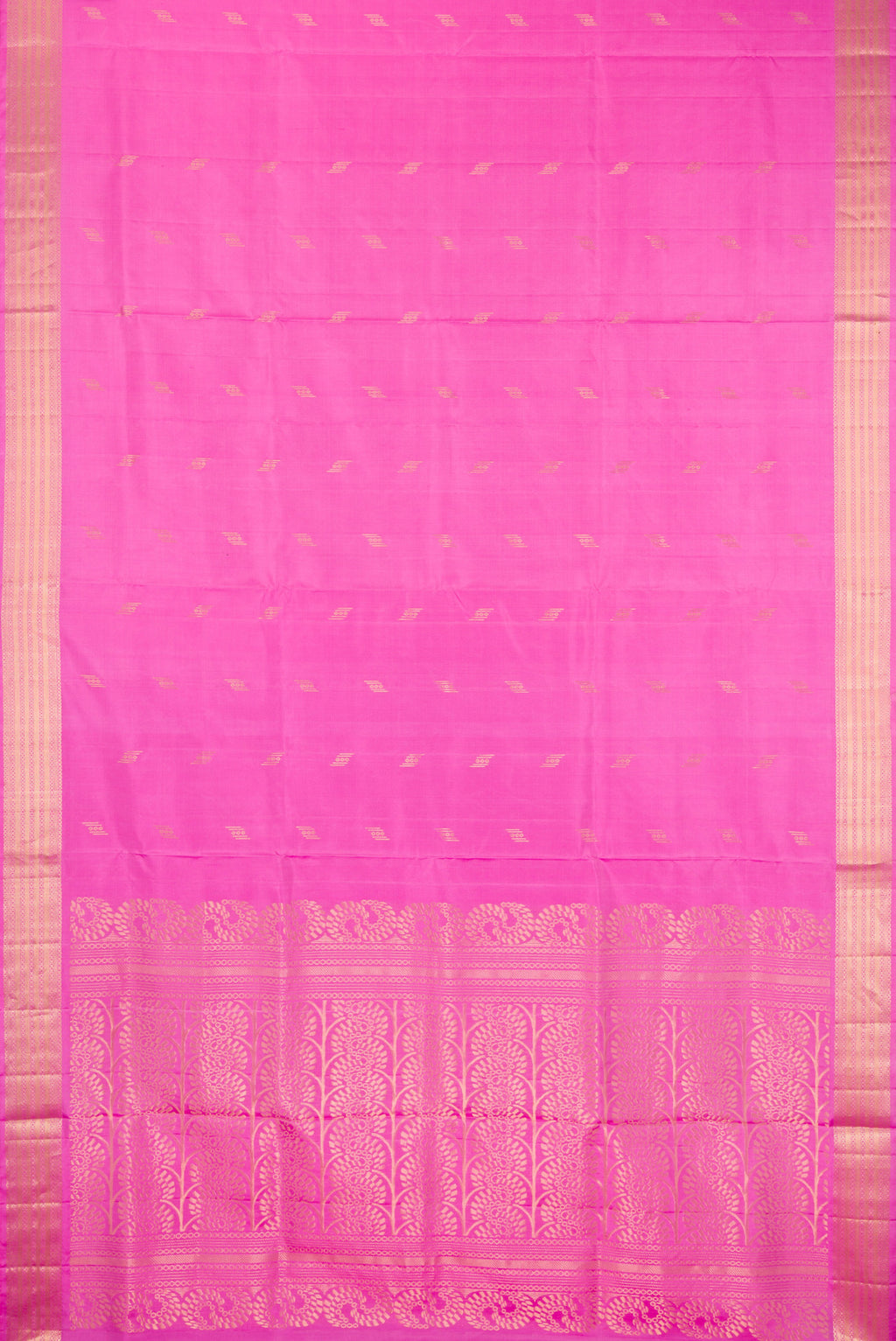 Flat view of Pure Silk Pink Soft Saree with Zari Butta on the body and Zari Border. 