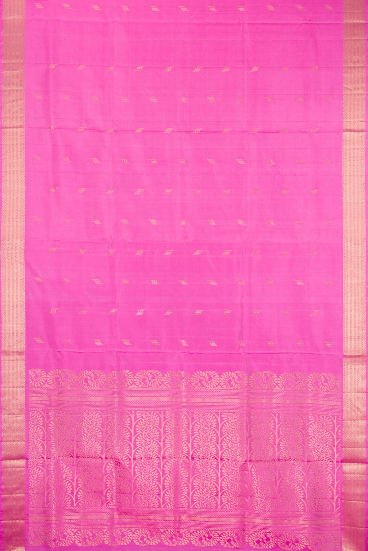 Flat view of Pure Silk Pink Soft Saree with Zari Butta on the body and Zari Border. 