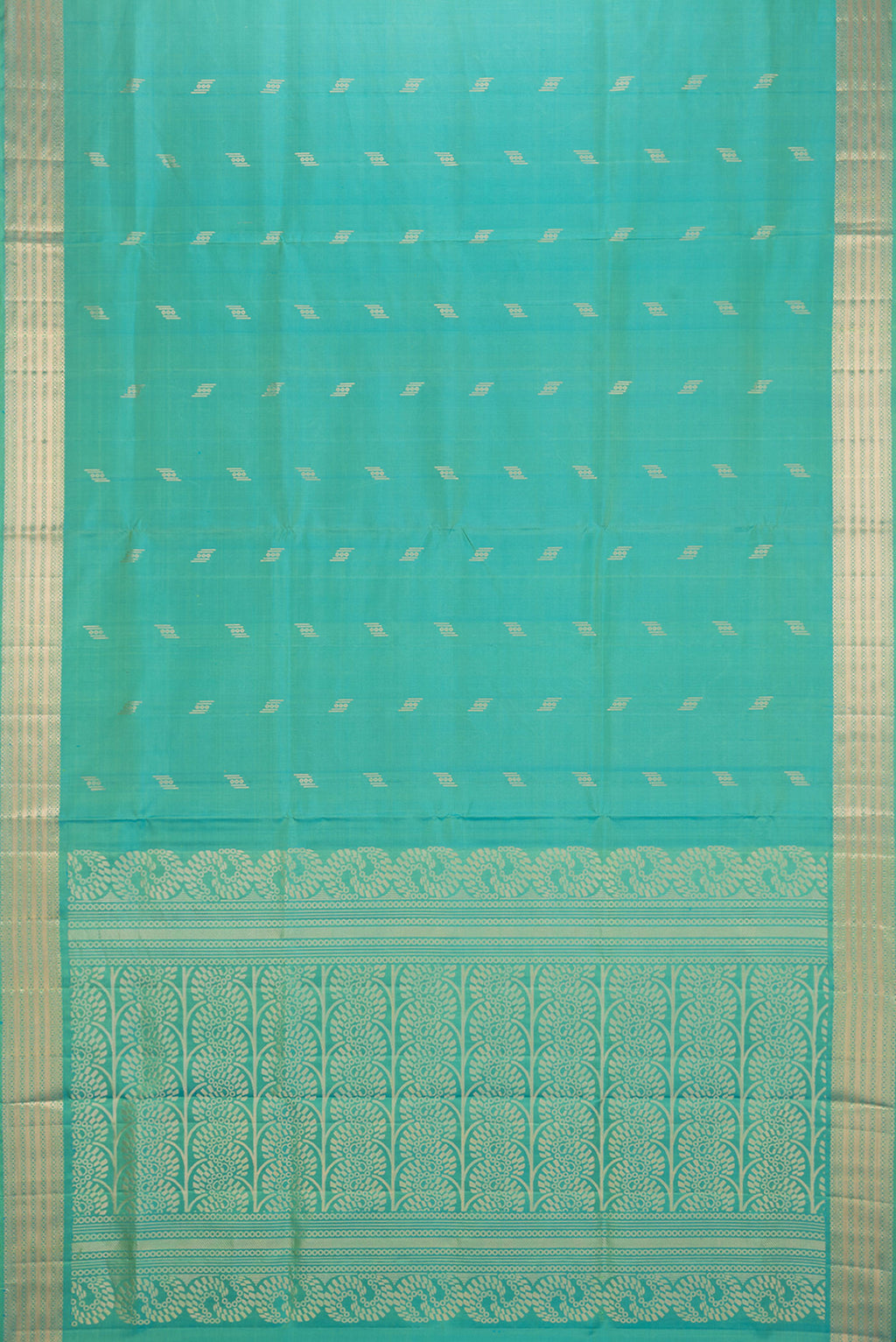 Flat view of Pure Silk Sea Green Dual Tone Soft Saree with Zari Butta on the body and Zari Border. 