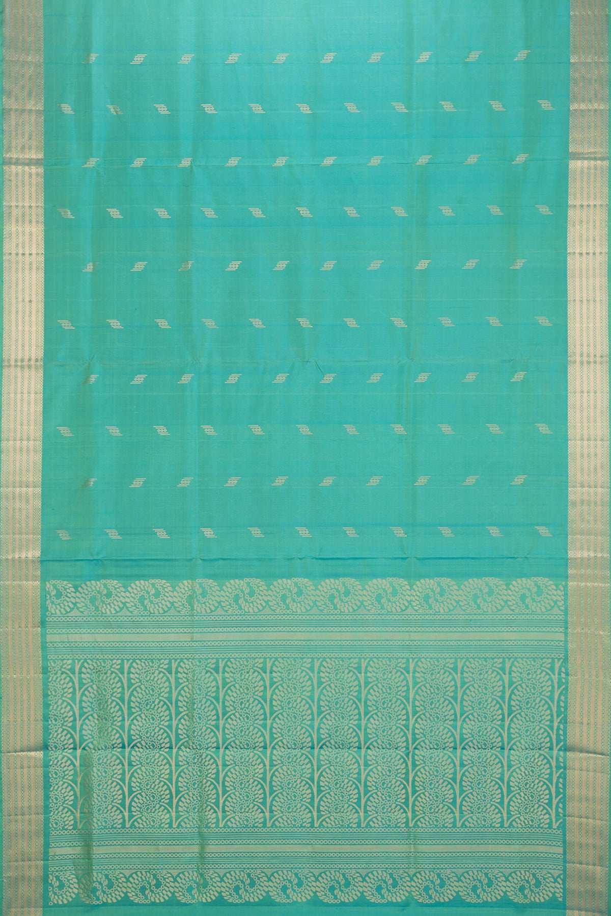 Flat view of Pure Silk Sea Green Dual Tone Soft Saree with Zari Butta on the body and Zari Border. 