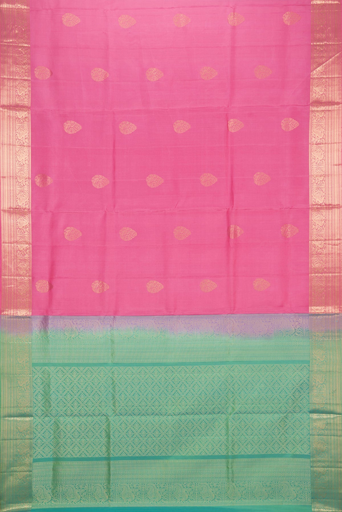 Flat view of Pure Silk Pink Dual Tone Soft Saree with Zari Butta on the body and Zari Border. 