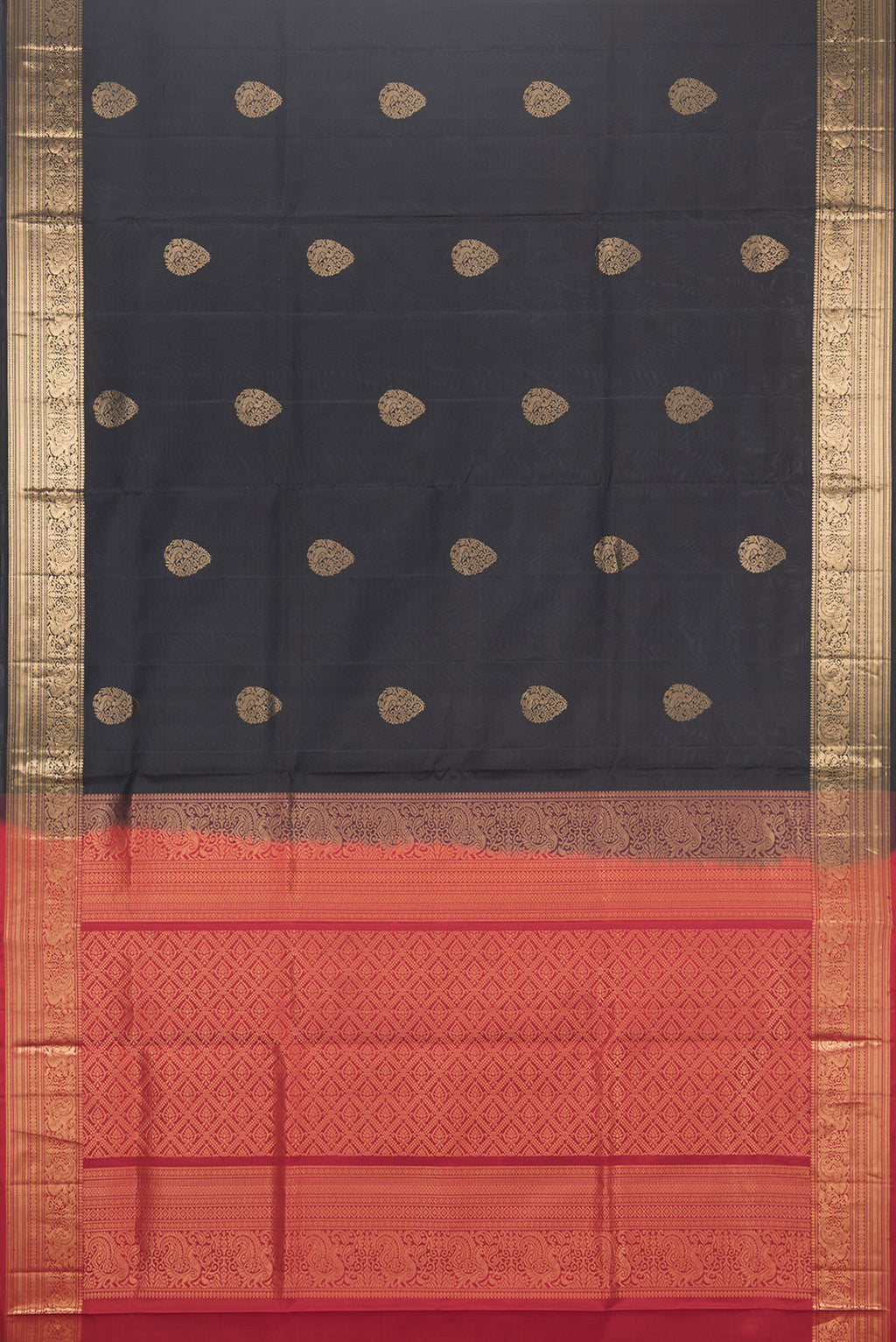 Flat view of Pure Silk Black Soft Saree with Zari Butta on the body and Zari Border. 
