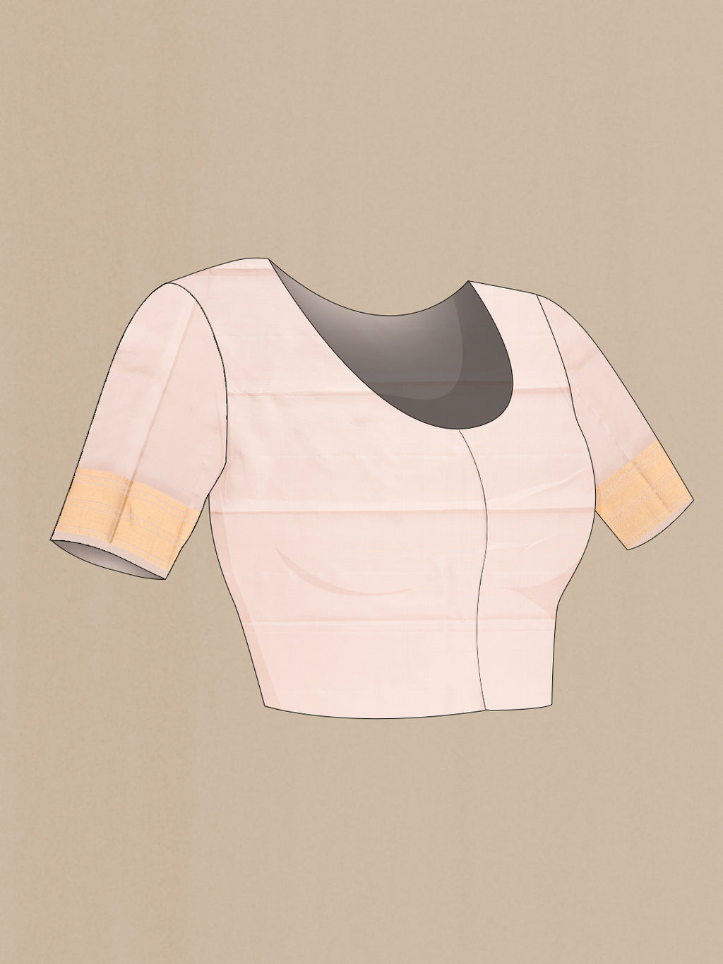 Close up image of the blouse of Pure Silk Rose Gold Dual Tone Kanchipuram Saree with Stripes on the body and Zari Border. 
