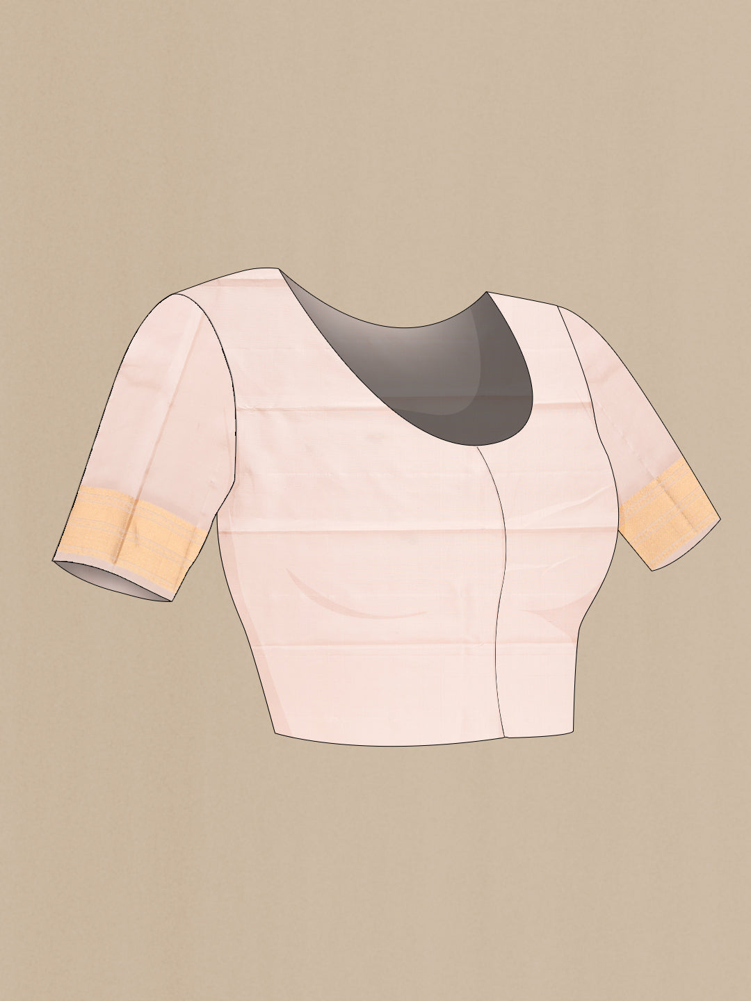Close up image of the blouse of Pure Silk Rose Gold Dual Tone Kanchipuram Saree with Stripes on the body and Zari Border. 
