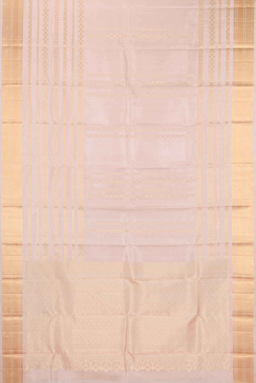 Flat view of Pure Silk Rose Gold Dual Tone Kanchipuram Saree with Stripes on the body and Zari Border. 