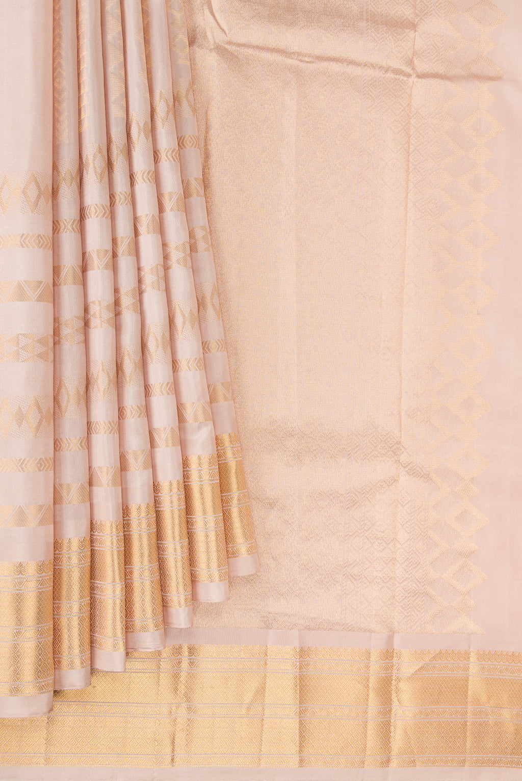 Pleats and pallu of Pure Silk Rose Gold Dual Tone Kanchipuram Saree with Stripes on the body and Zari Border. 