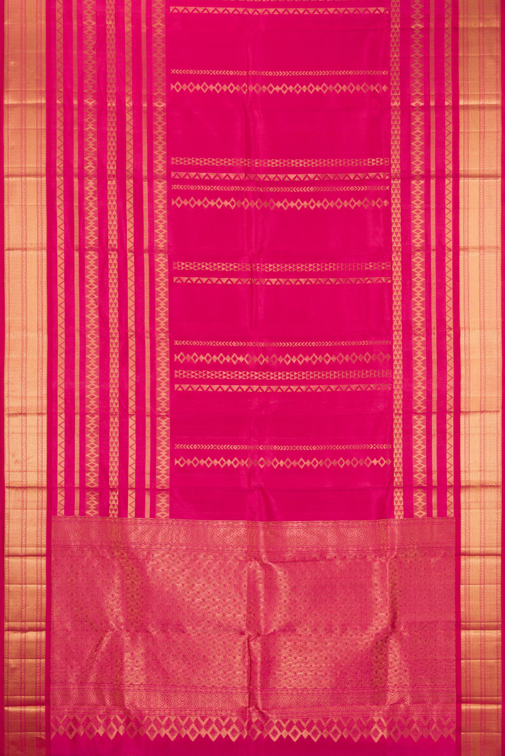 Flat view of Pure Silk Dark Pink Kanchipuram Saree with Stripes on the body and Zari Border. 