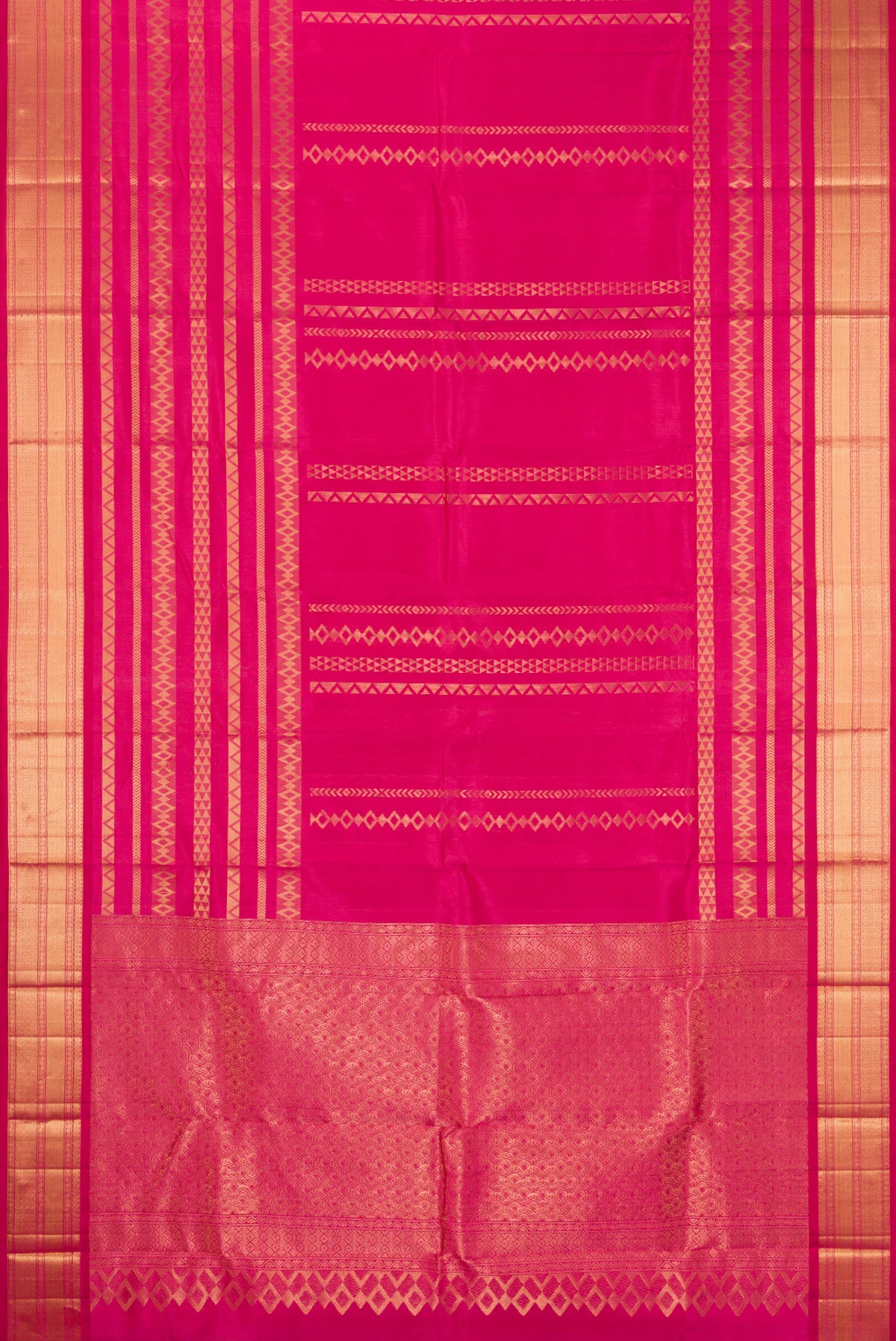 Flat view of Pure Silk Dark Pink Kanchipuram Saree with Stripes on the body and Zari Border. 