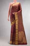 Pure Silk Brown Kanchipuram Saree with Stripes on the body and Zari Border.  displayed on a mannequin