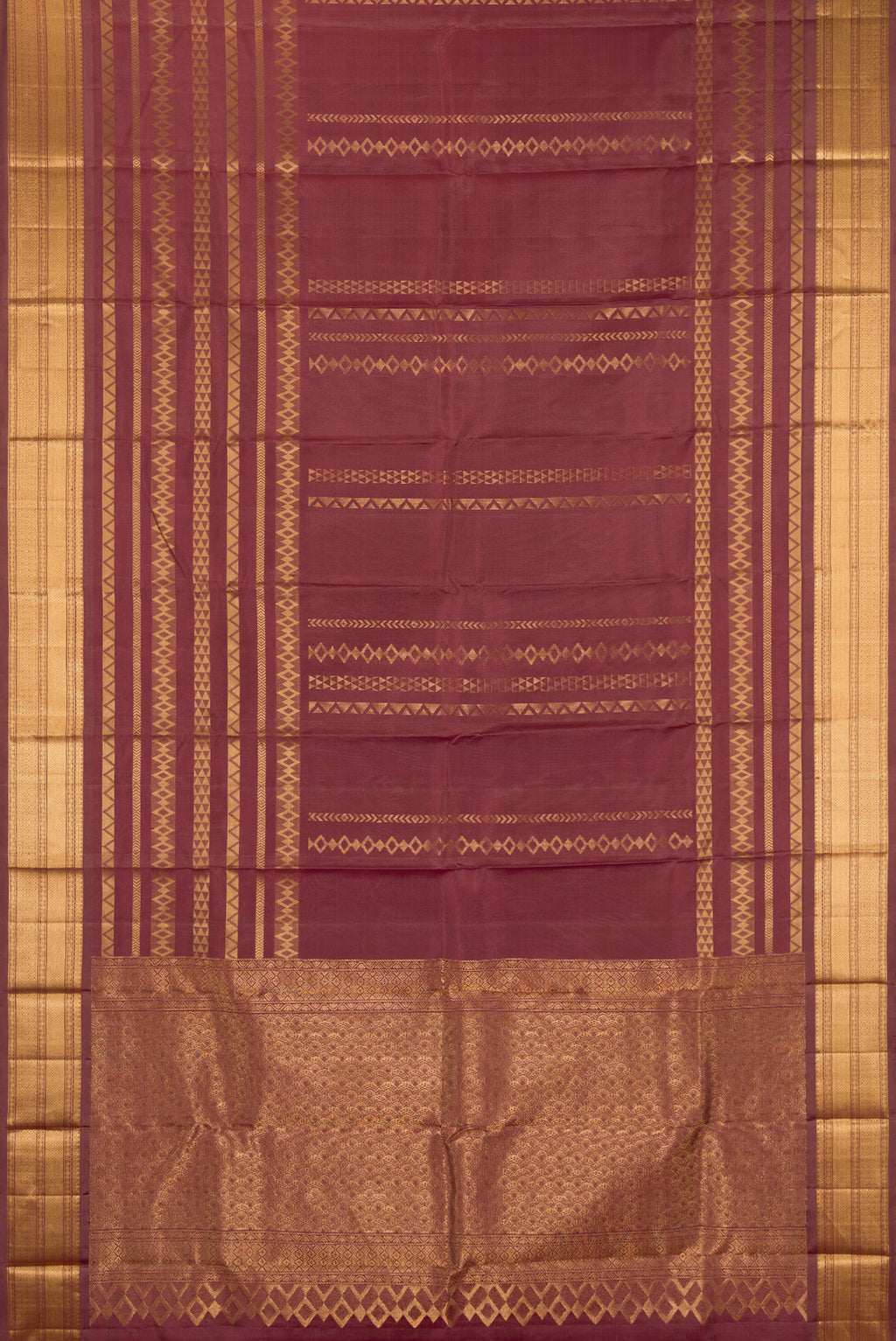 Flat view of Pure Silk Brown Kanchipuram Saree with Stripes on the body and Zari Border. 
