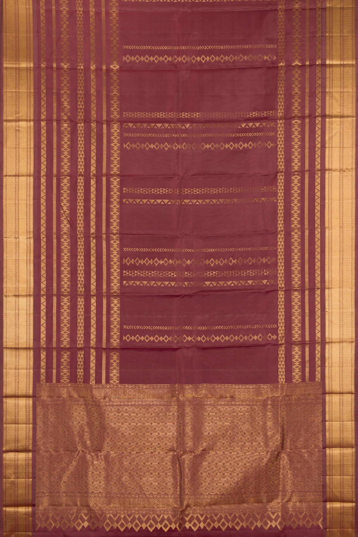 Flat view of Pure Silk Brown Kanchipuram Saree with Stripes on the body and Zari Border. 