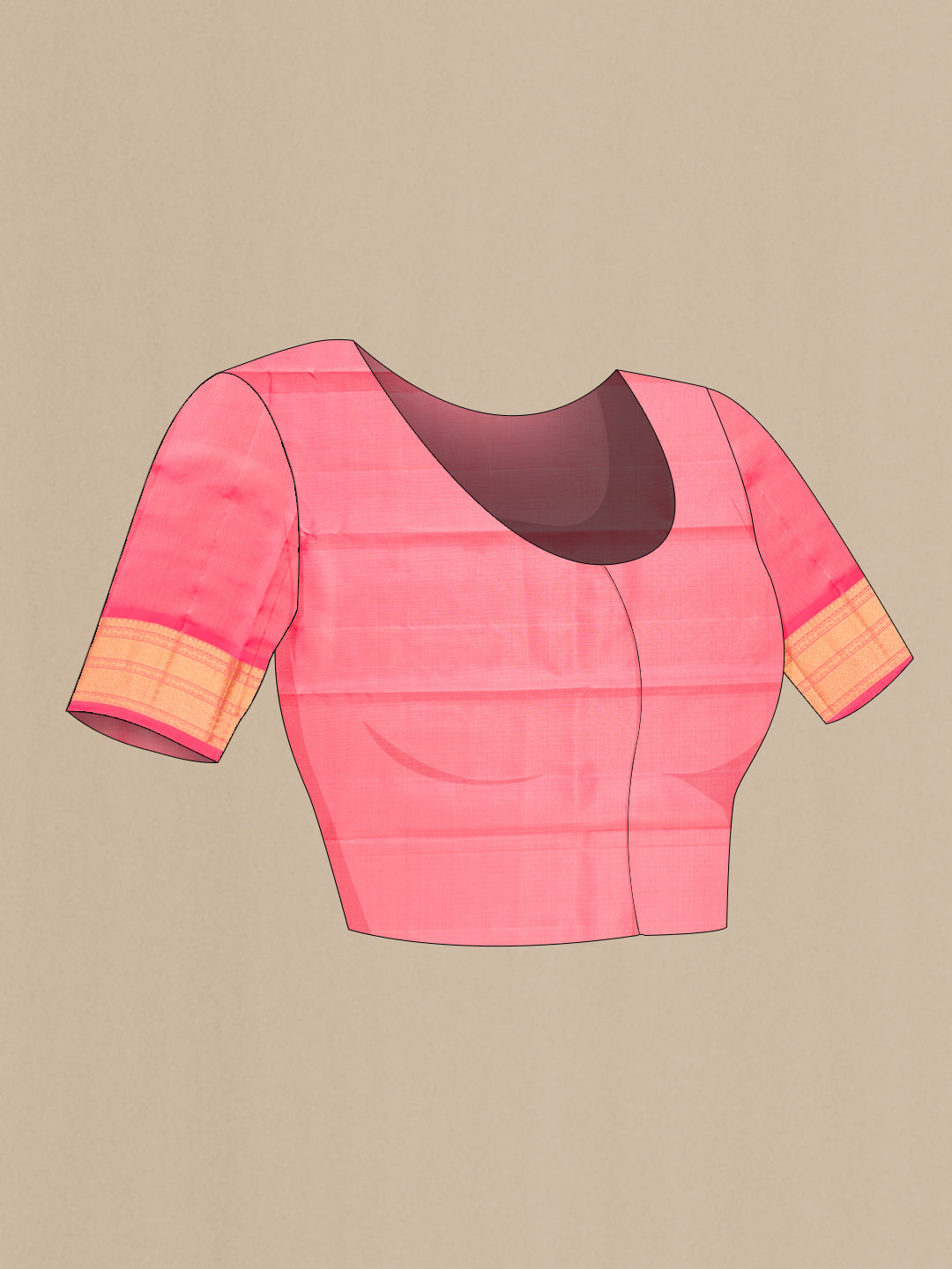 Close up image of the blouse of Pure Silk Coral Kanchipuram Saree with Stripes on the body and Zari Border. 