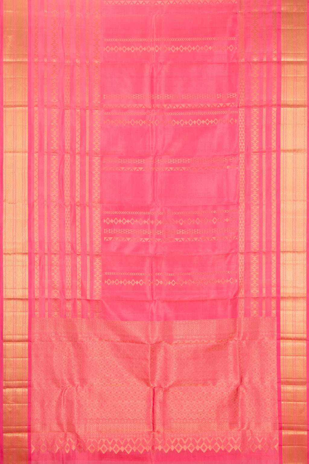 Flat view of Pure Silk Coral Kanchipuram Saree with Stripes on the body and Zari Border. 