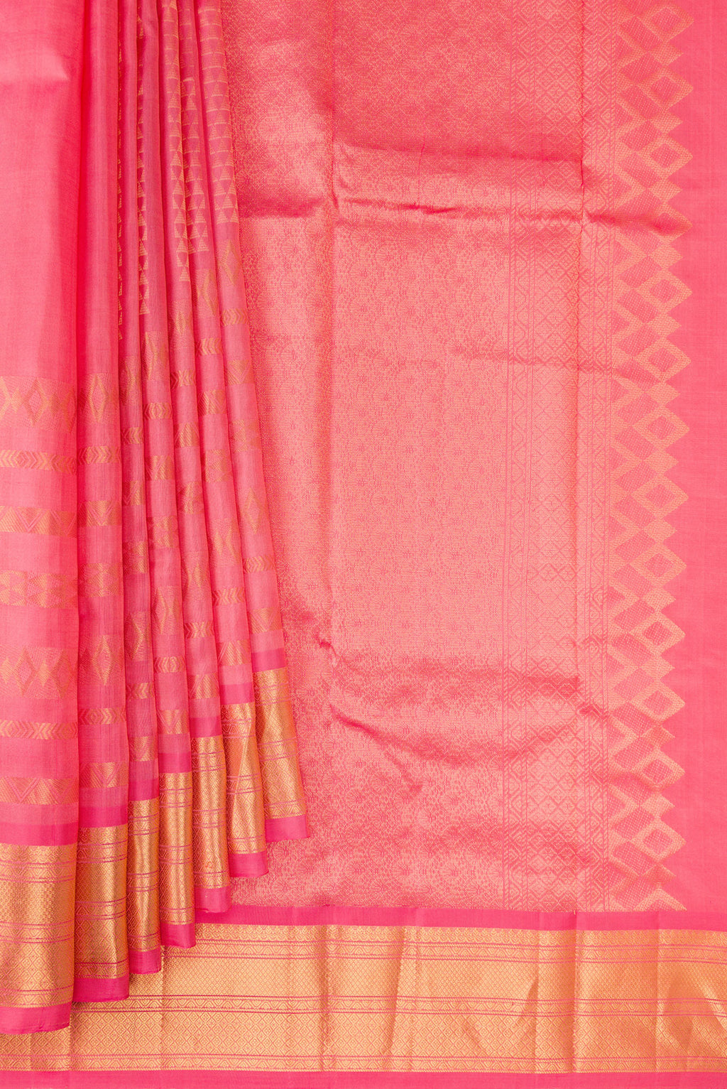 Pleats and pallu of Pure Silk Coral Kanchipuram Saree with Stripes on the body and Zari Border. 