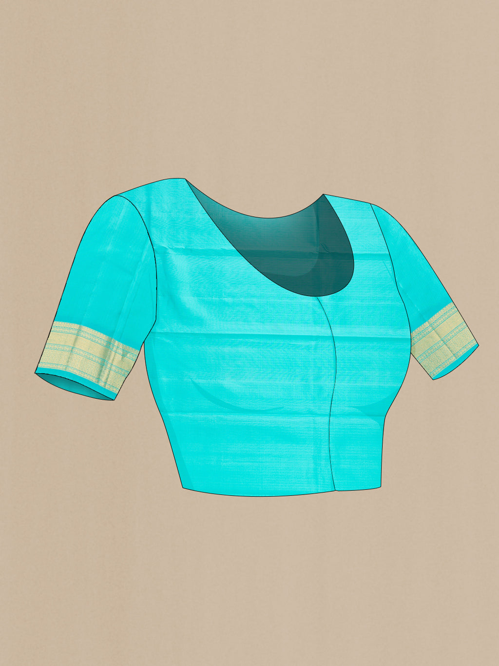 Close up image of the blouse of Pure Silk Turquoise Kanchipuram Saree with Stripes on the body and Zari Border. 