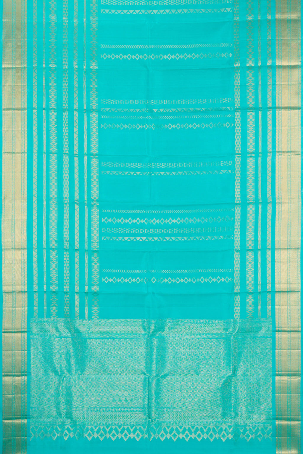 Flat view of Pure Silk Turquoise Kanchipuram Saree with Stripes on the body and Zari Border. 