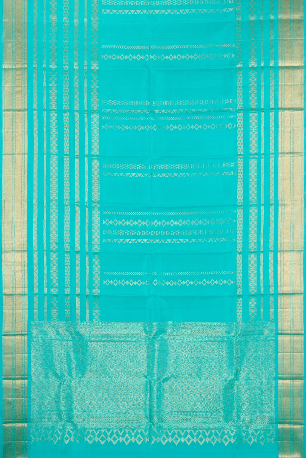 Flat view of Pure Silk Turquoise Kanchipuram Saree with Stripes on the body and Zari Border. 
