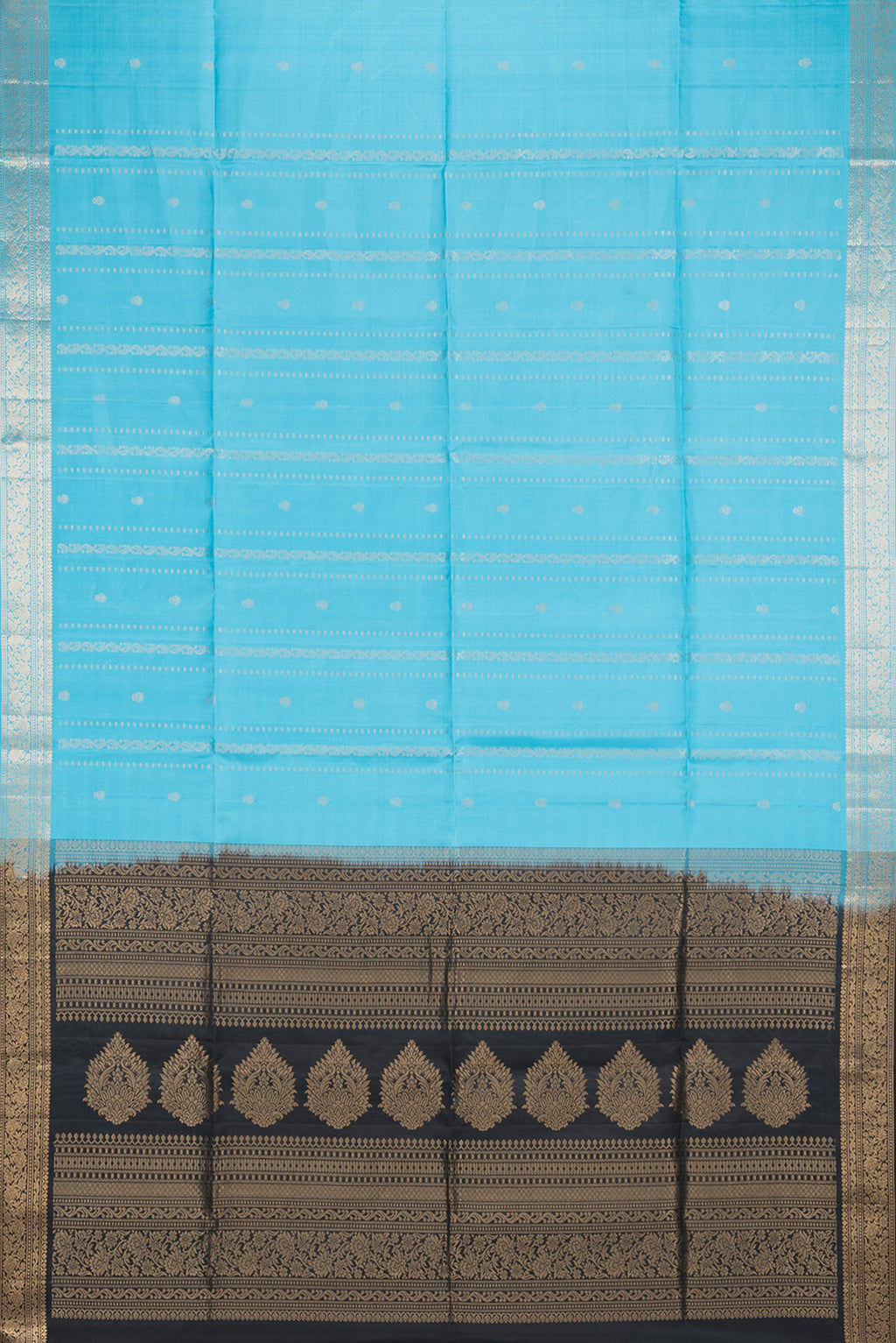 Flat view of Pure Silk Sky Blue Soft Saree with Zari Butta on the body and Zari Border. 