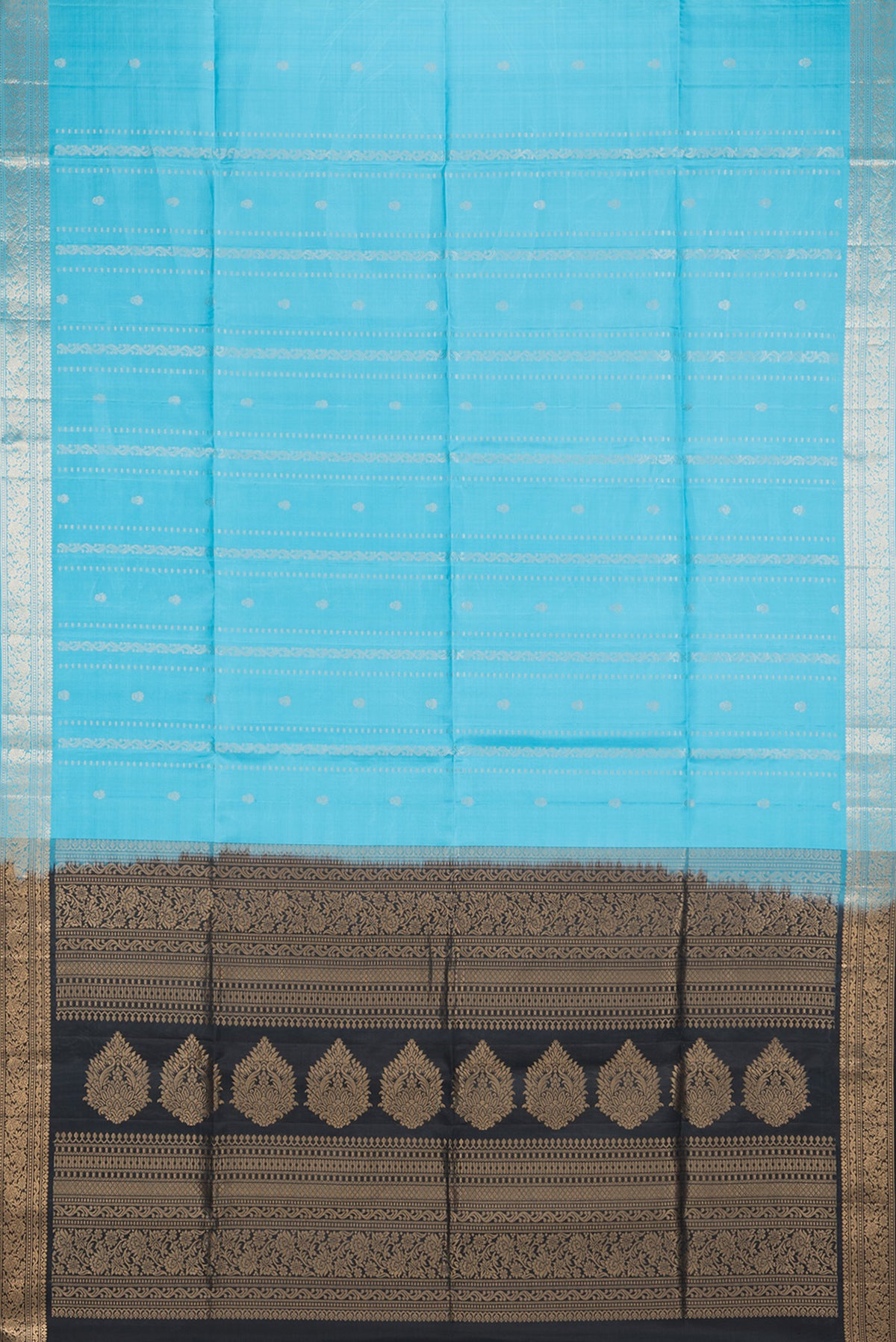 Flat view of Pure Silk Sky Blue Soft Saree with Zari Butta on the body and Zari Border. 